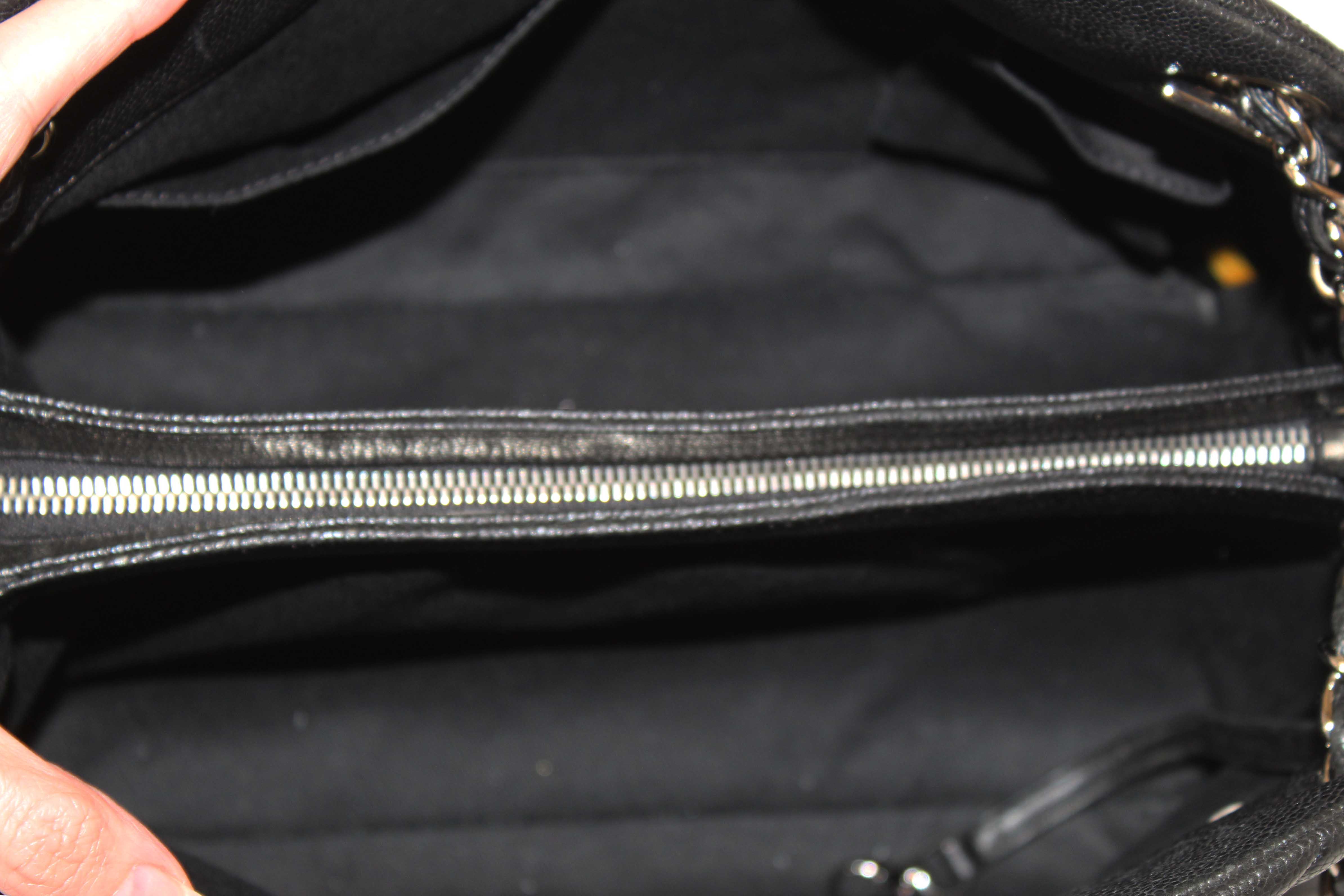 Authentic Chanel Black Quilted Caviar Leather Large Just Mademoiselle Bowling Bag