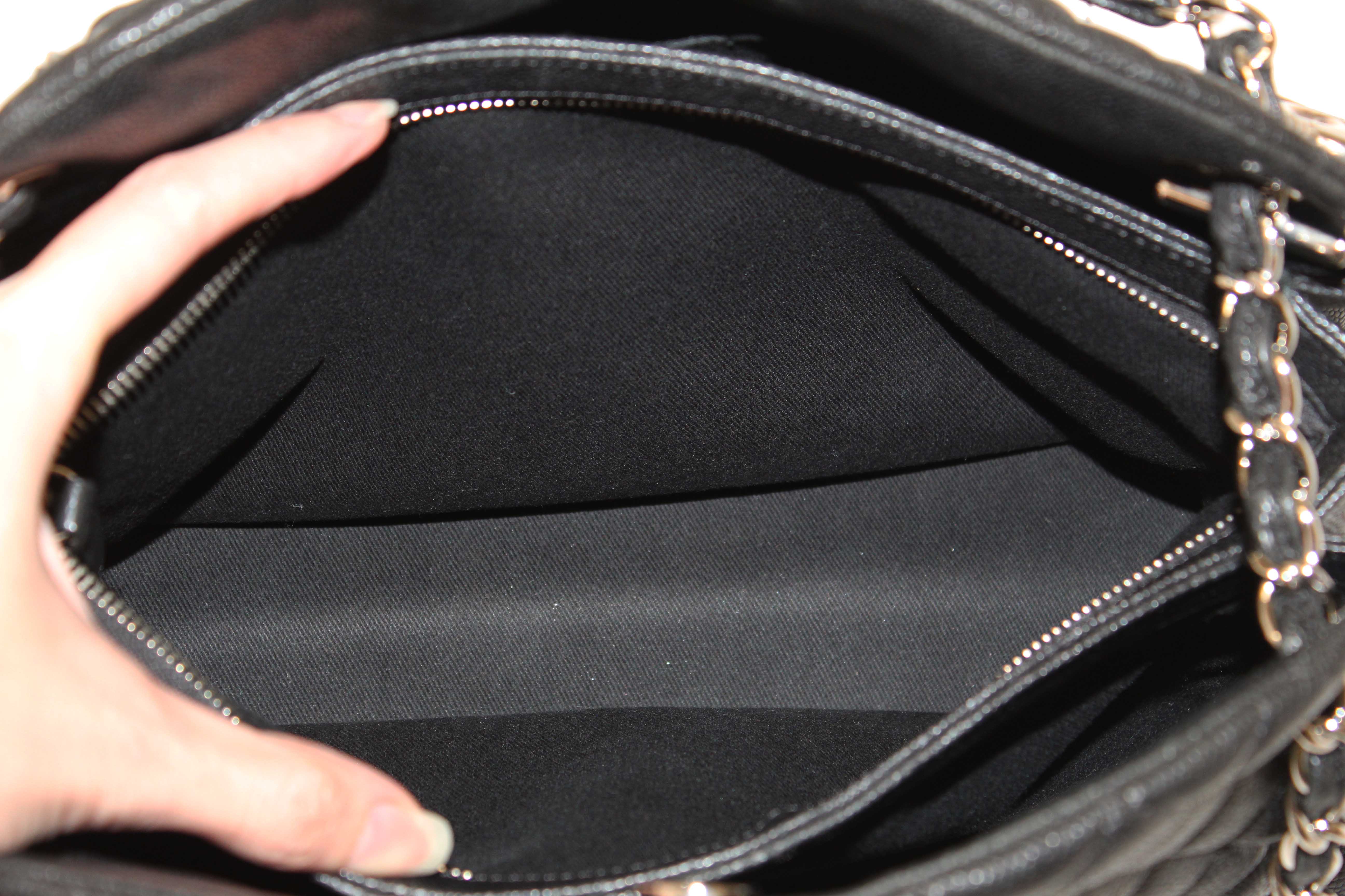 Authentic Chanel Black Quilted Caviar Leather Large Just Mademoiselle Bowling Bag