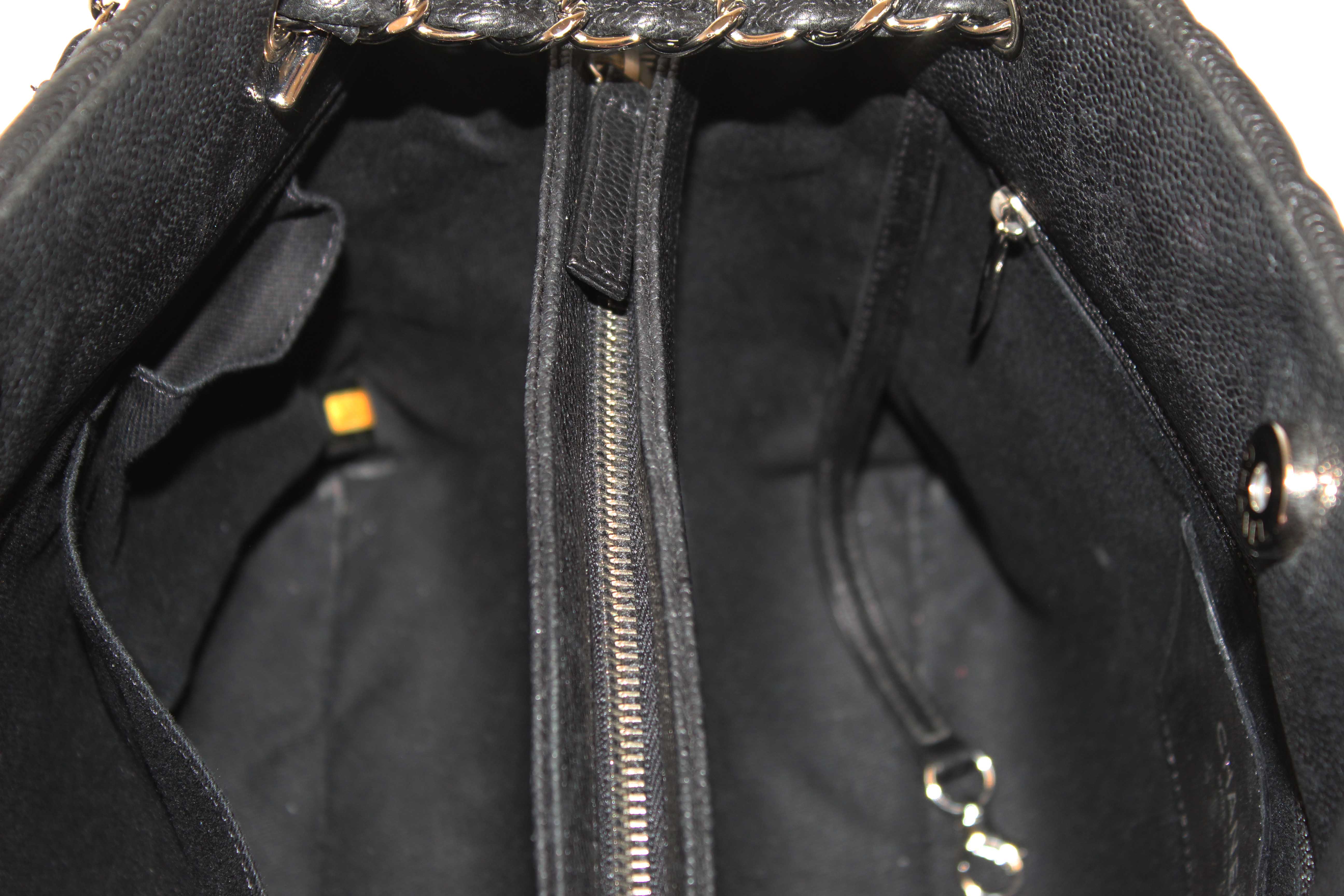 Authentic Chanel Black Quilted Caviar Leather Large Just Mademoiselle Bowling Bag