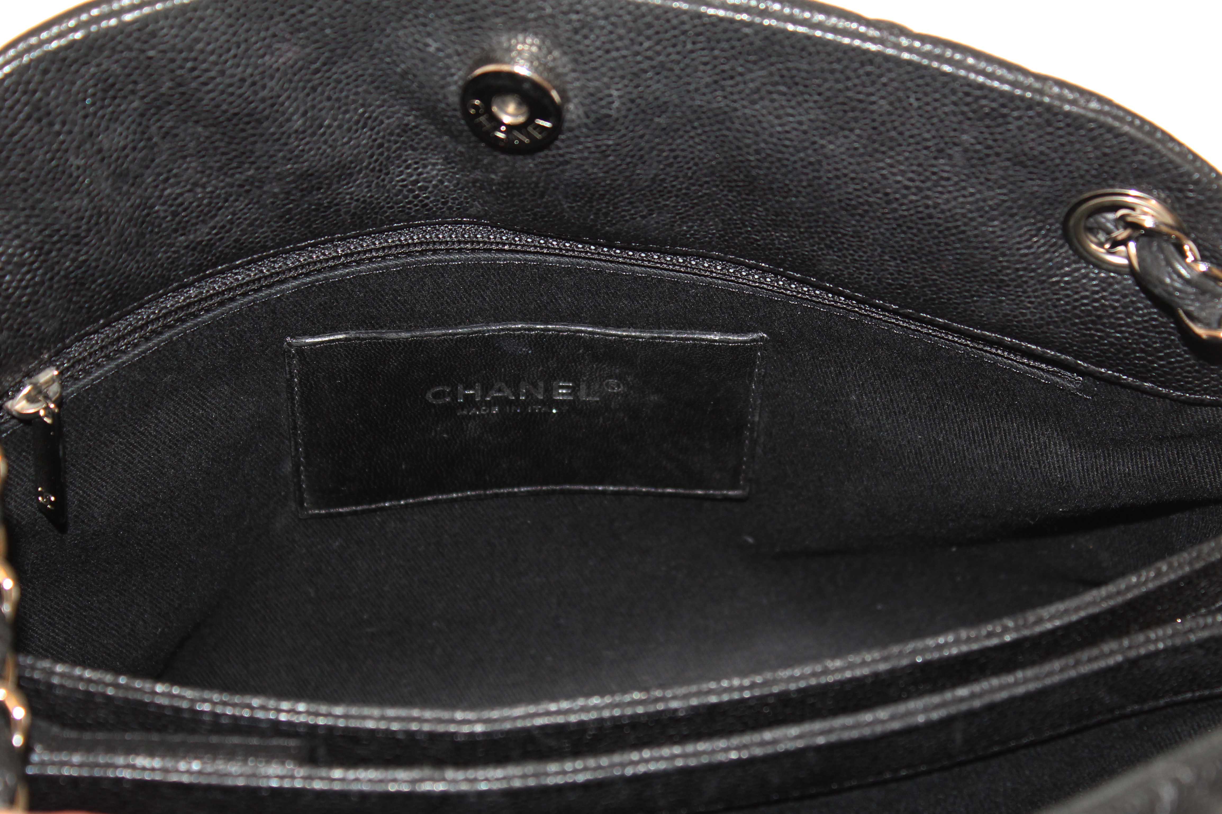 Authentic Chanel Black Quilted Caviar Leather Large Just Mademoiselle Bowling Bag