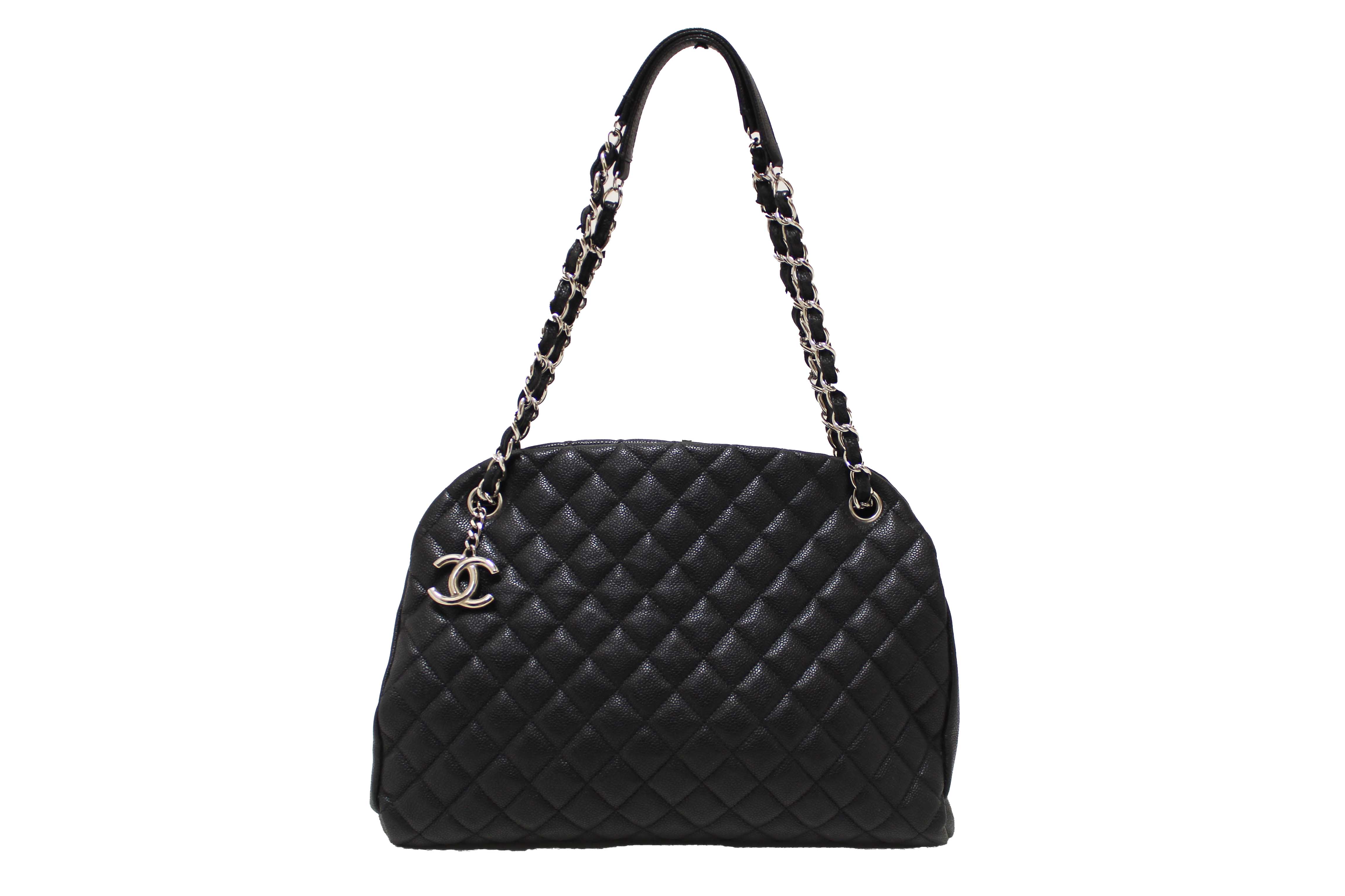 Authentic Chanel Black Quilted Caviar Leather Large Just Mademoiselle Bowling Bag