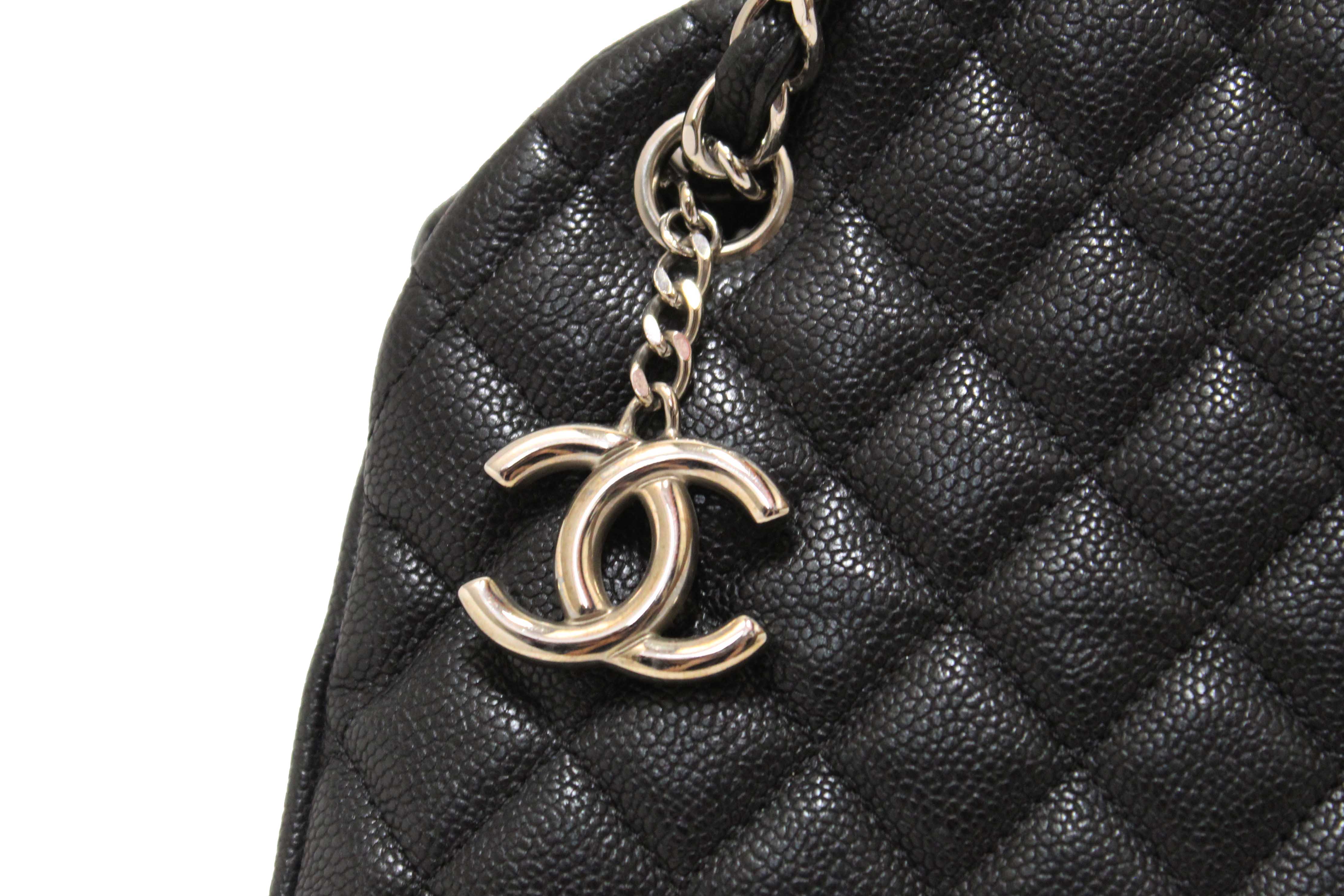 Authentic Chanel Black Quilted Caviar Leather Large Just Mademoiselle Bowling Bag