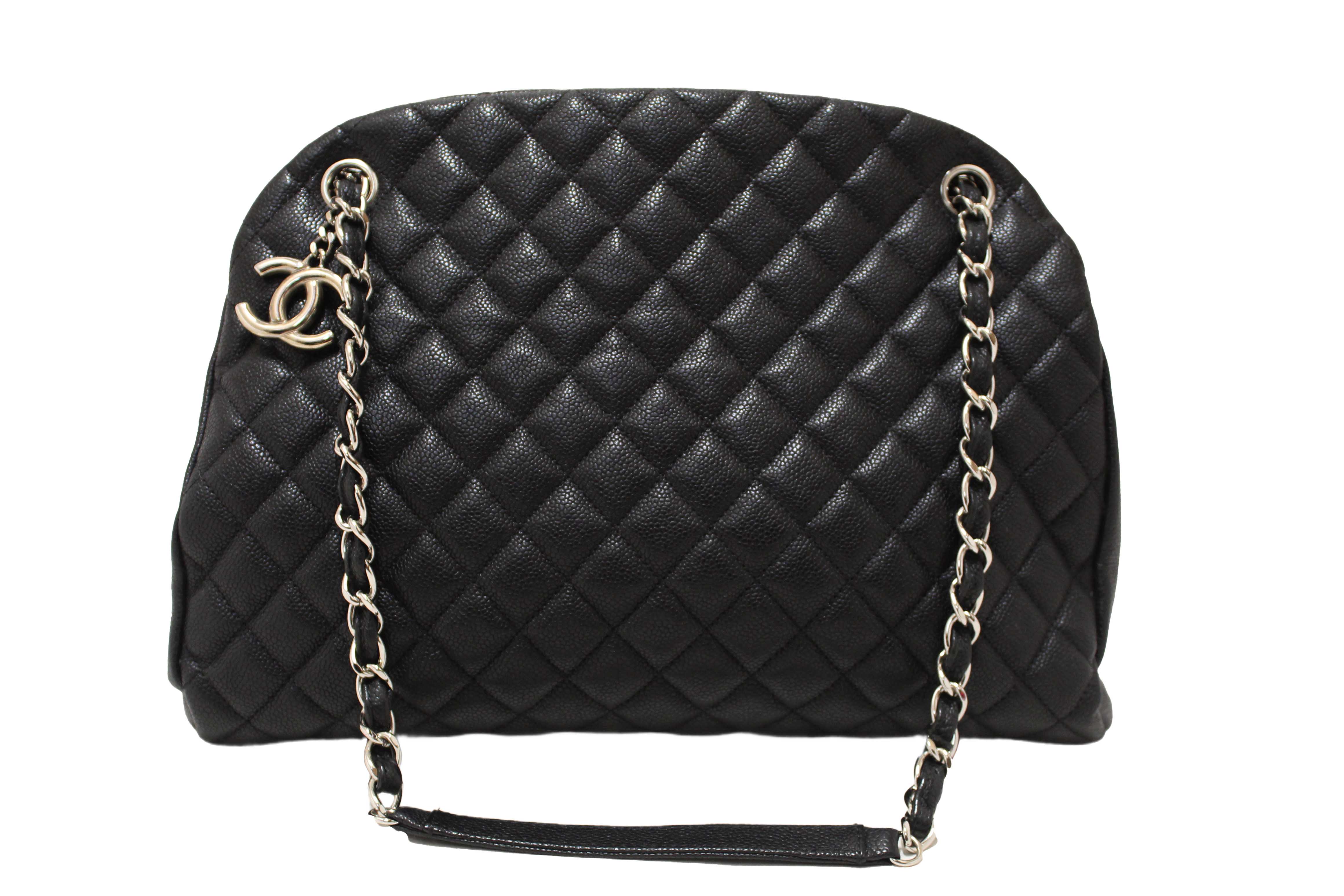 Authentic Chanel Black Quilted Caviar Leather Large Just Mademoiselle Bowling Bag