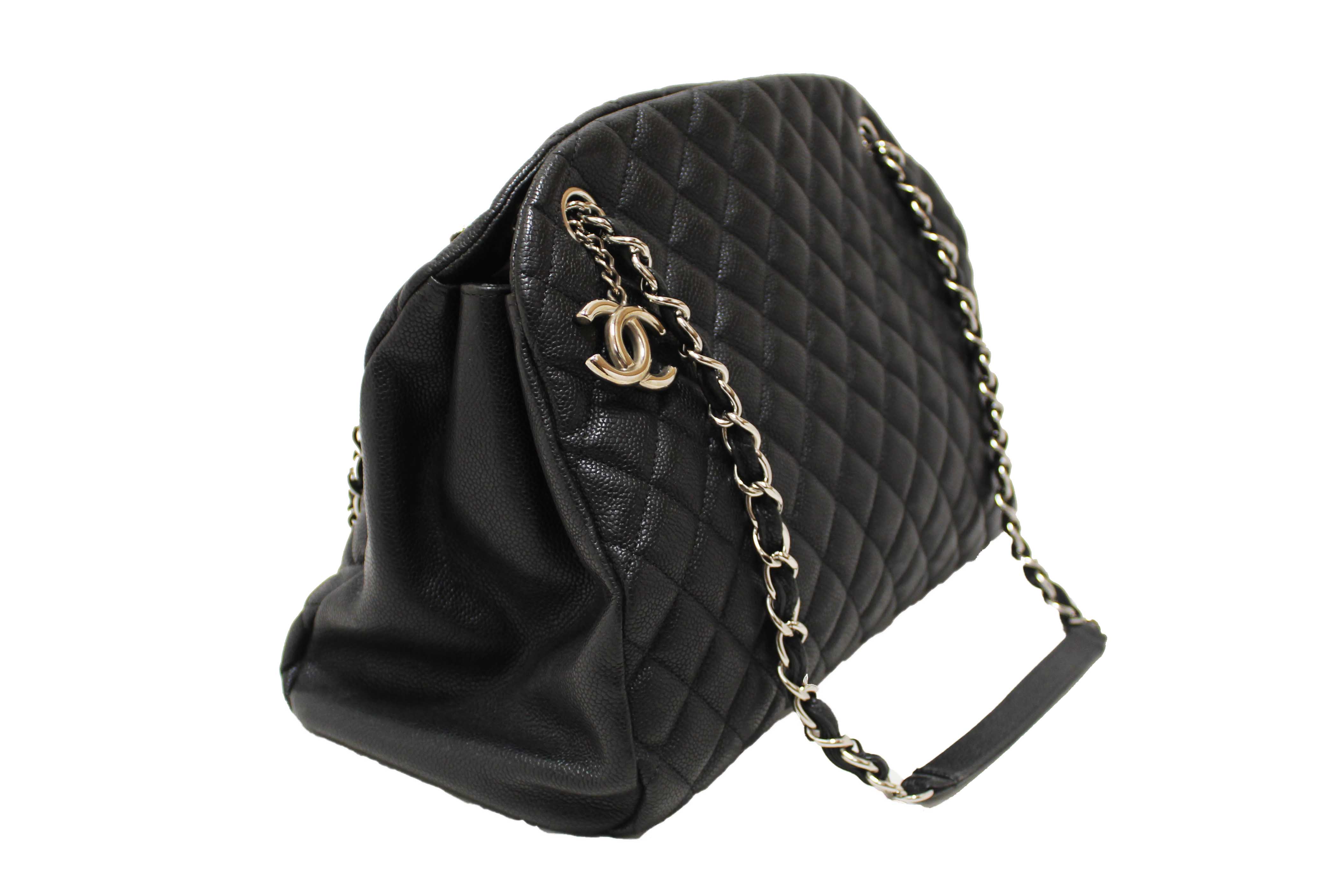 Authentic Chanel Black Quilted Caviar Leather Large Just Mademoiselle Bowling Bag