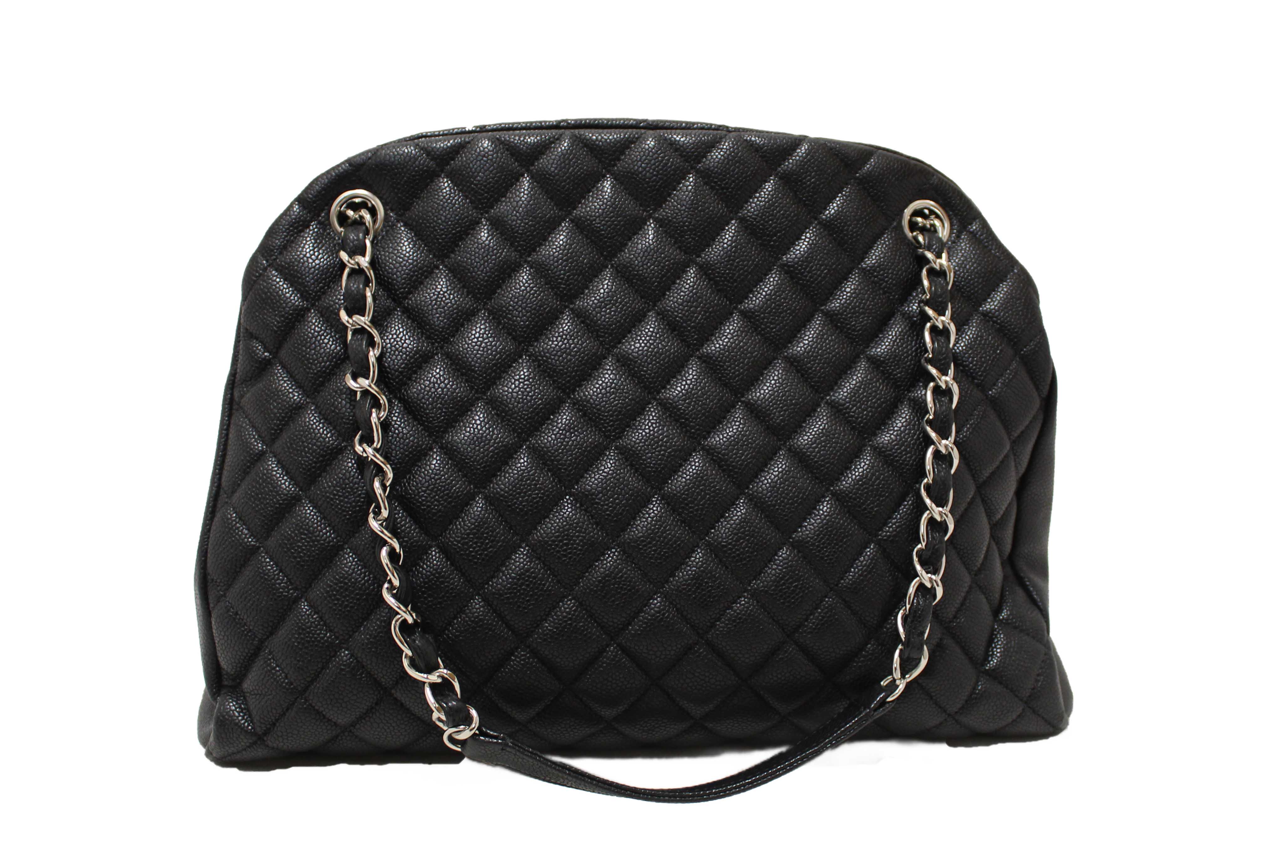 Authentic Chanel Black Quilted Caviar Leather Large Just Mademoiselle Bowling Bag
