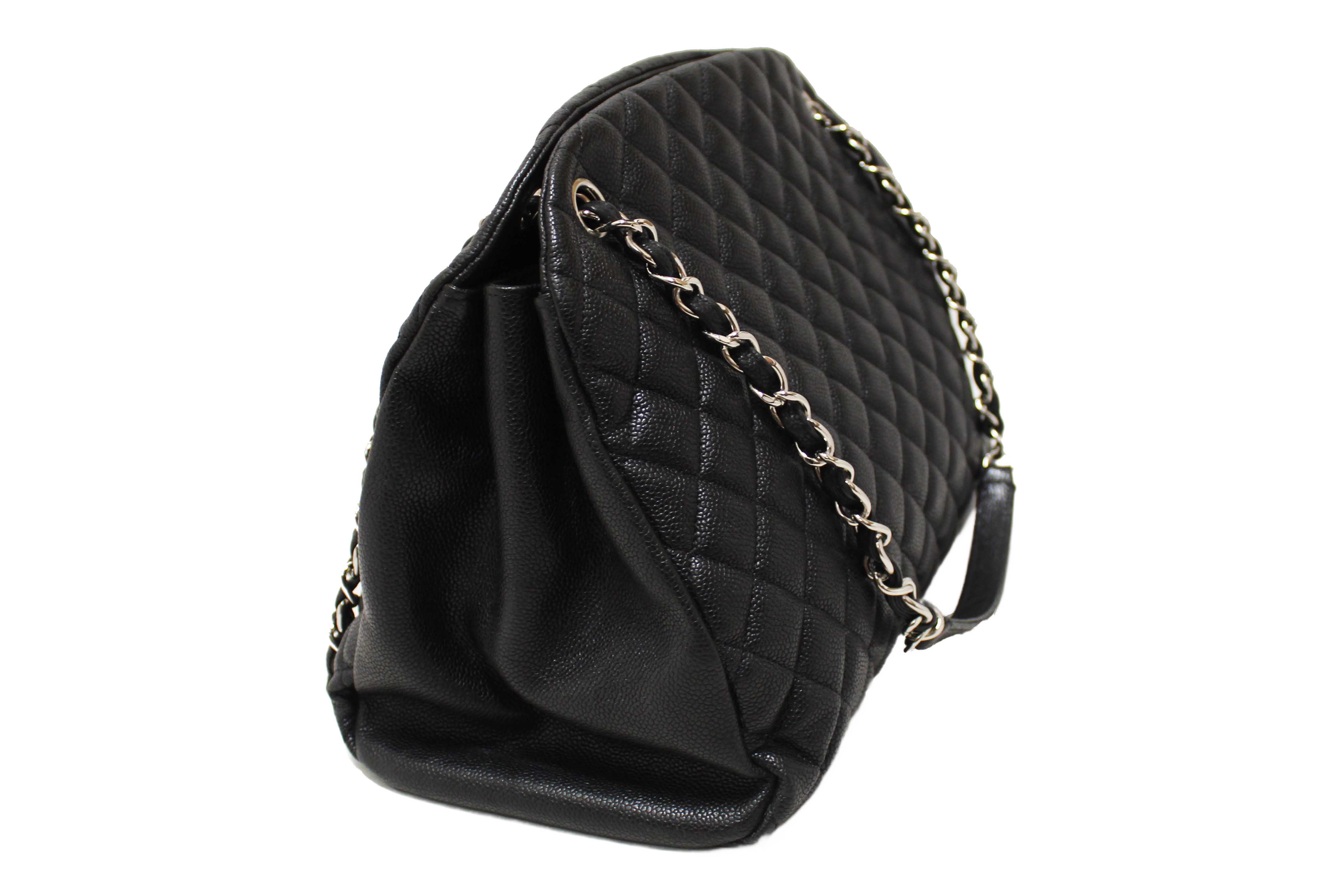 Authentic Chanel Black Quilted Caviar Leather Large Just Mademoiselle Bowling Bag