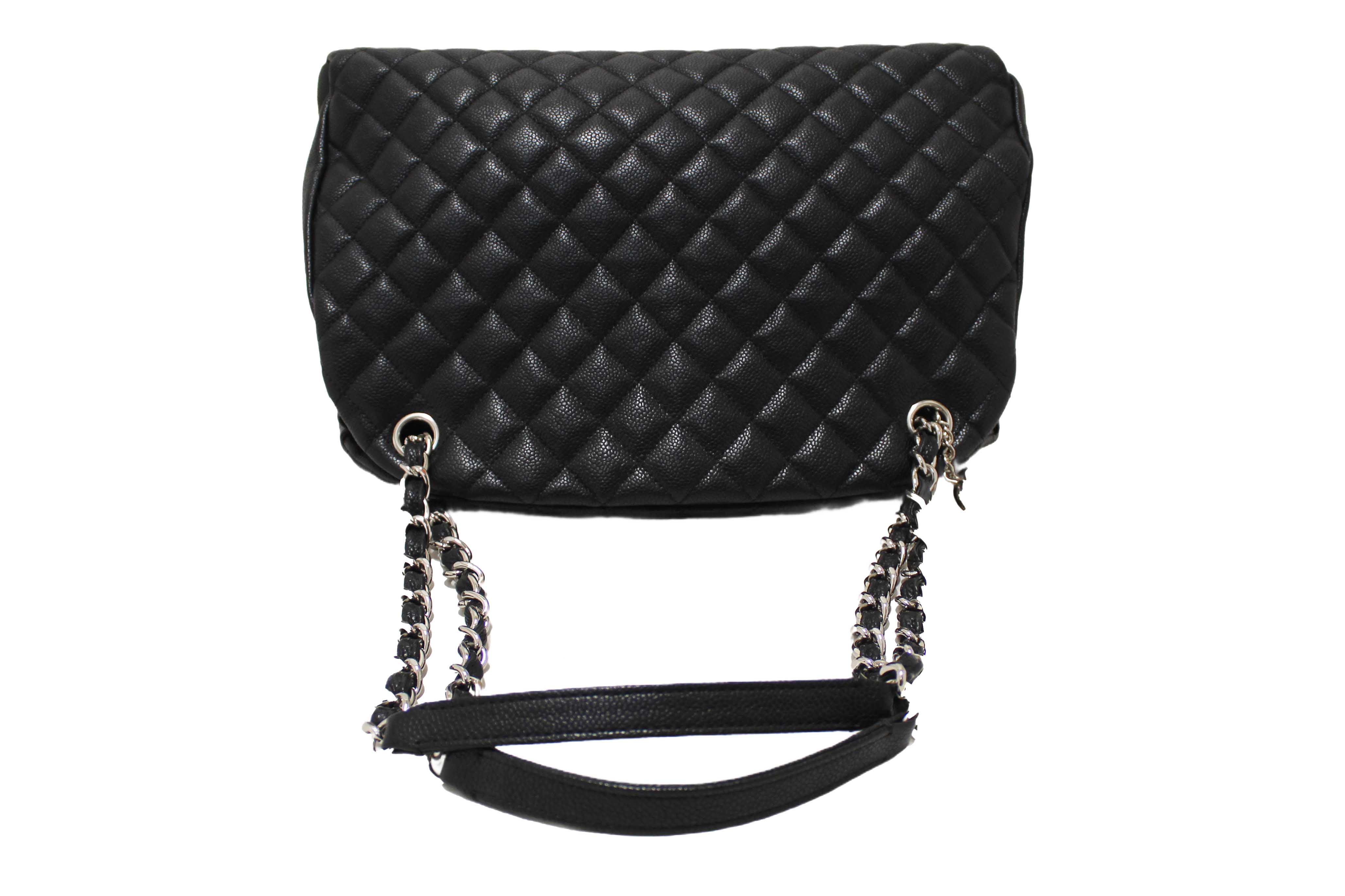 Authentic Chanel Black Quilted Caviar Leather Large Just Mademoiselle Bowling Bag