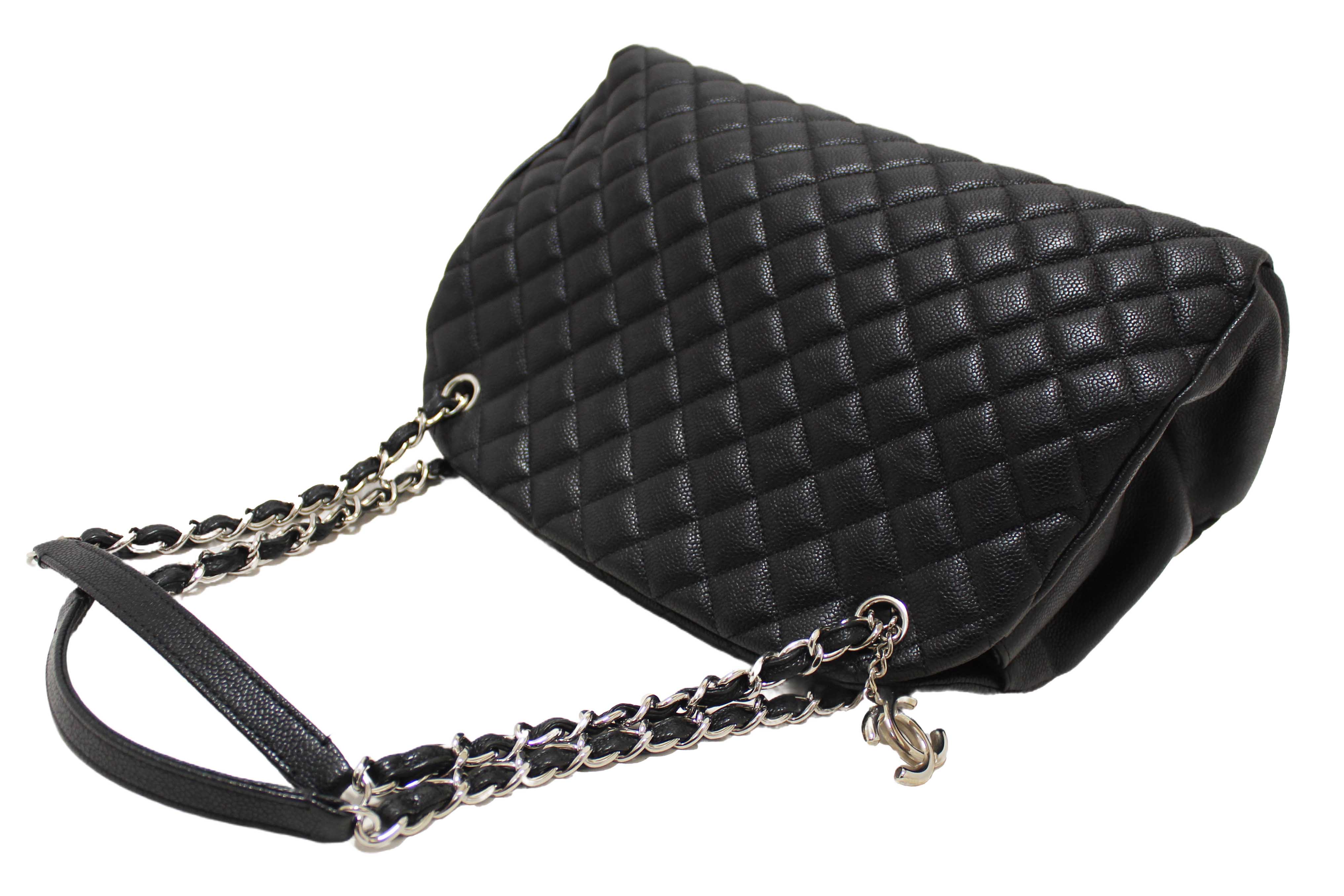 Authentic Chanel Black Quilted Caviar Leather Large Just Mademoiselle Bowling Bag