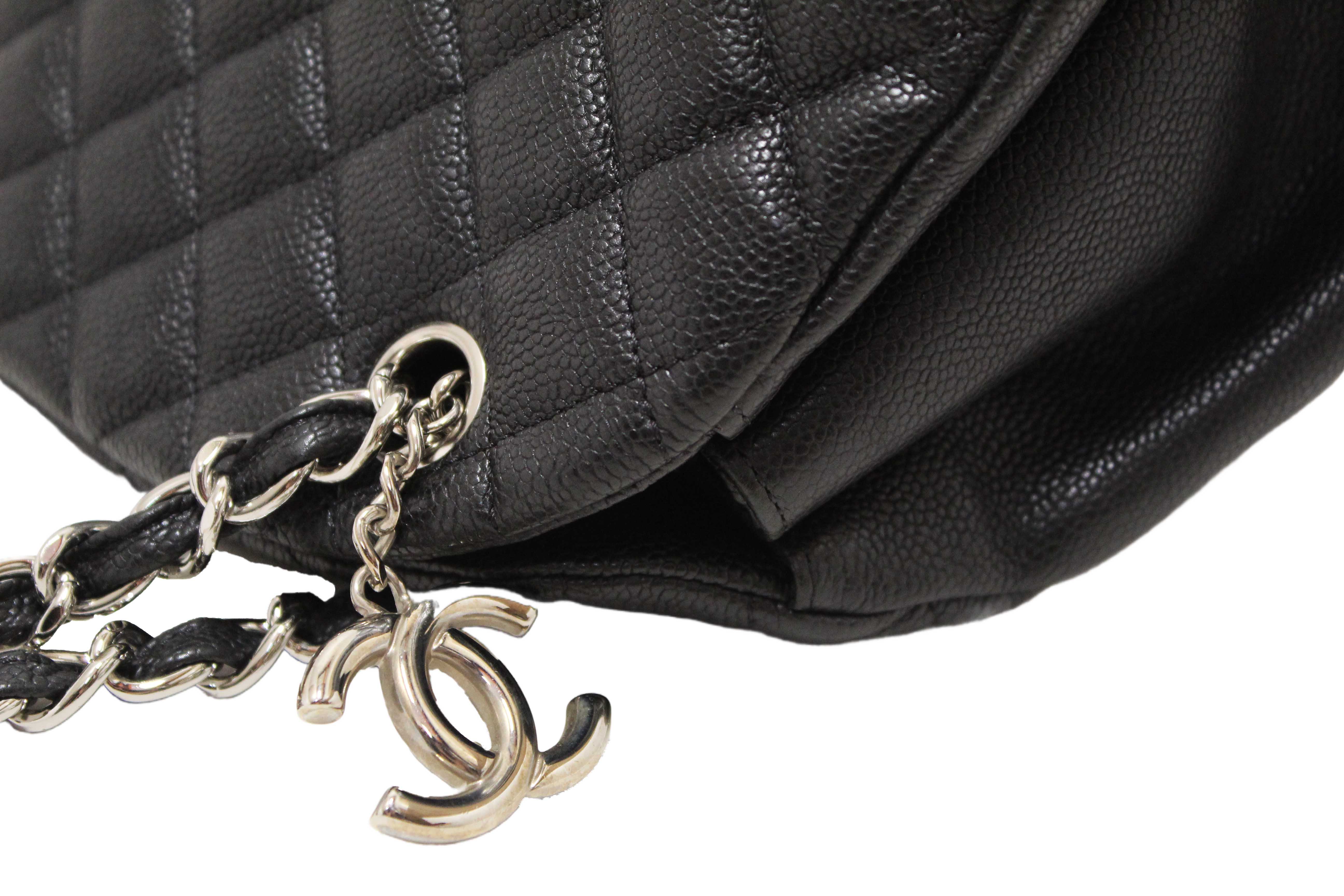 Authentic Chanel Black Quilted Caviar Leather Large Just Mademoiselle Bowling Bag