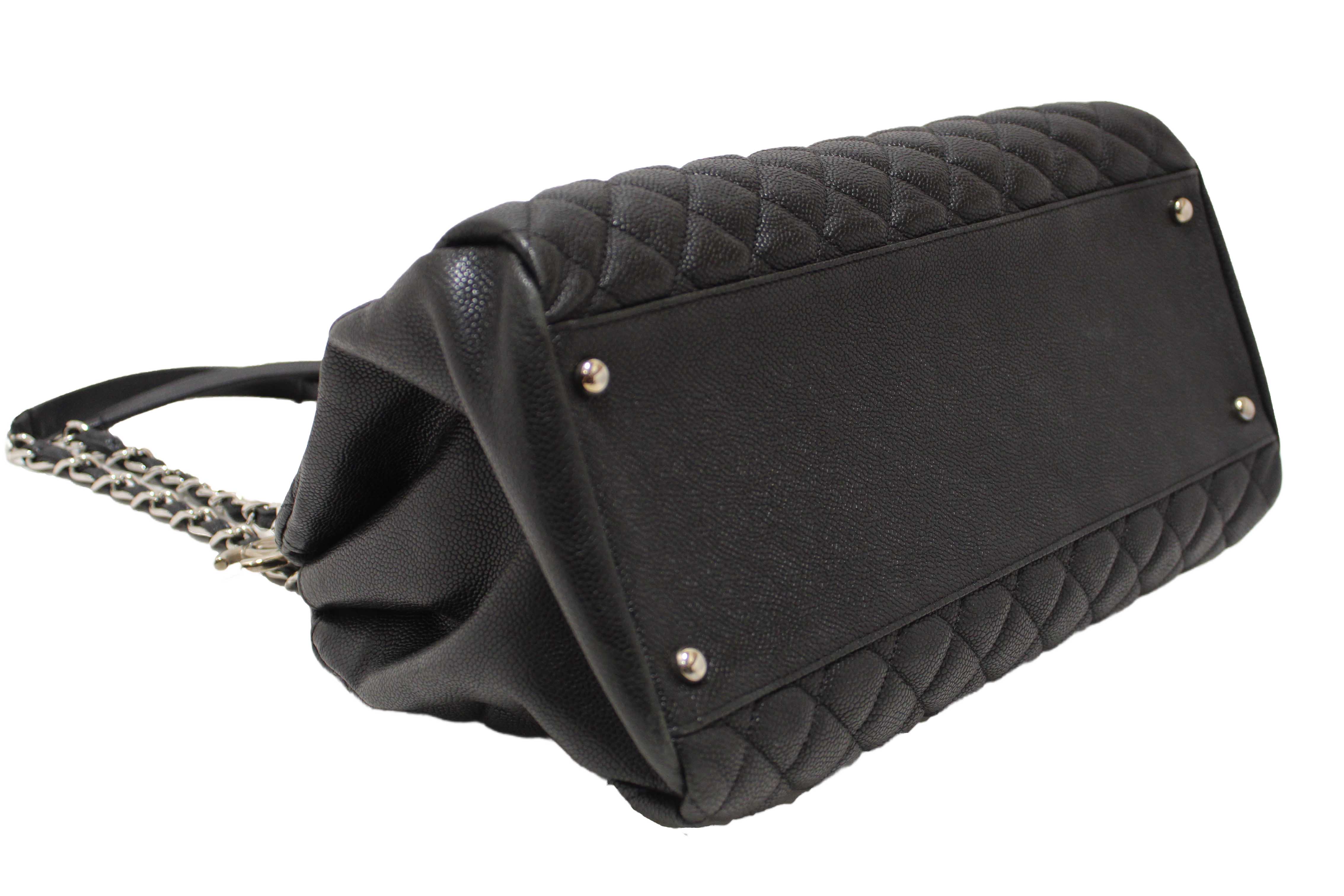 Authentic Chanel Black Quilted Caviar Leather Large Just Mademoiselle Bowling Bag