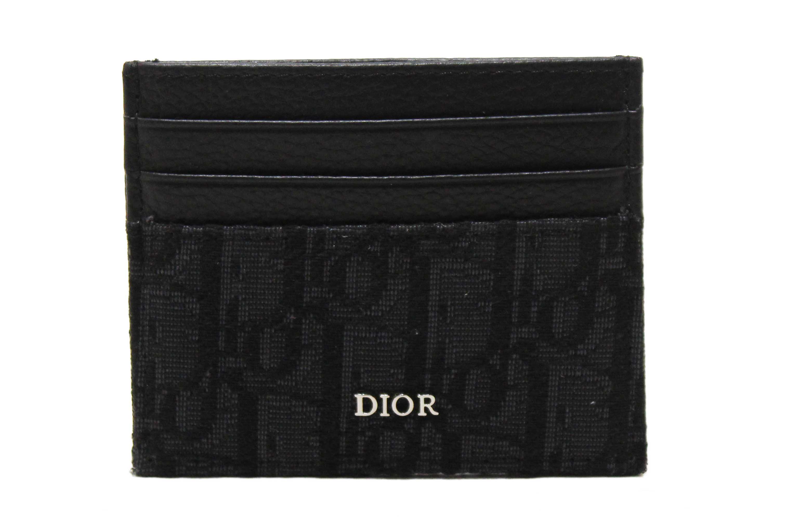 Authentic Christian Dior Black Dior Oblique Jacquard and Black Grained Calfskin Card Holder