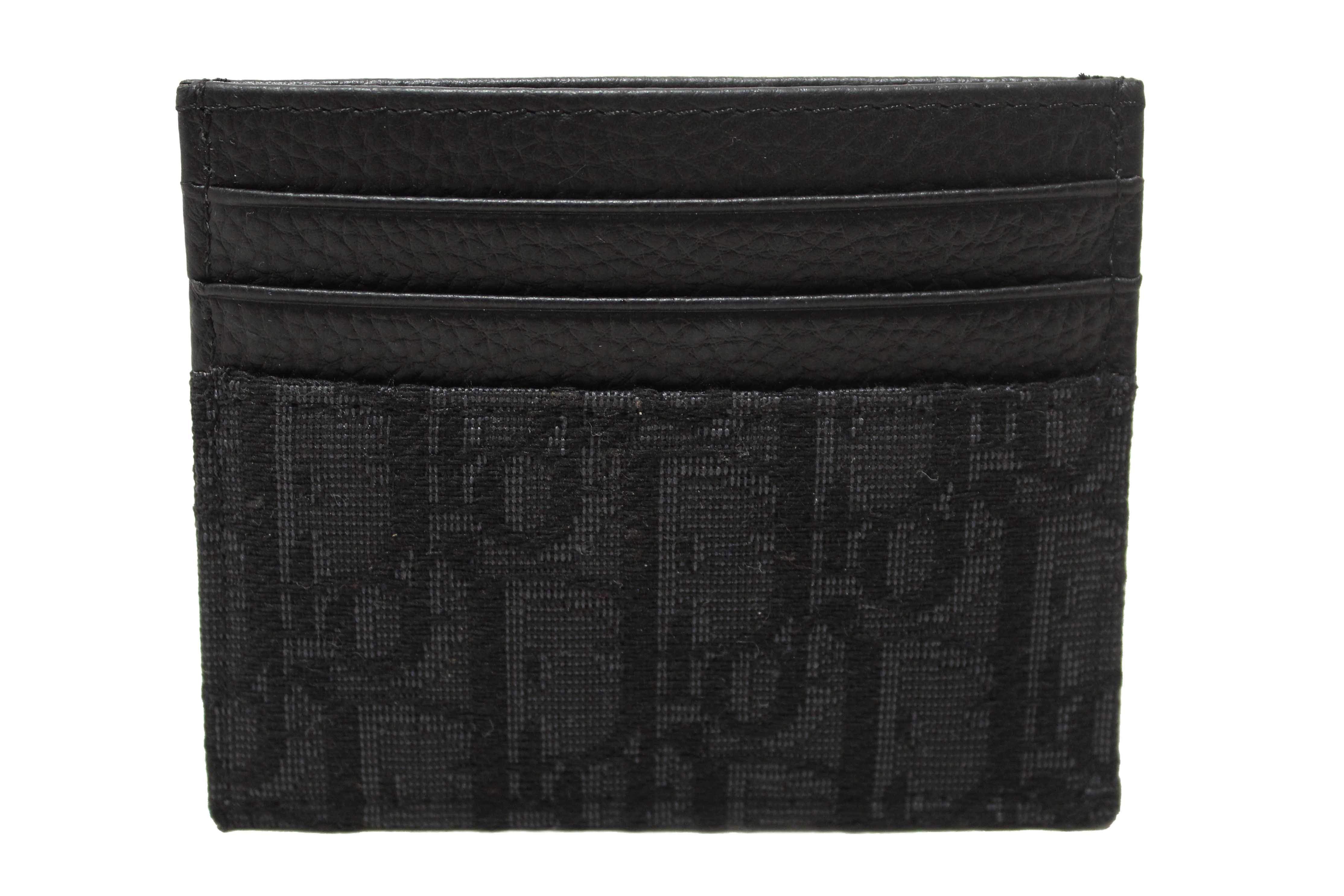 Authentic Christian Dior Black Dior Oblique Jacquard and Black Grained Calfskin Card Holder