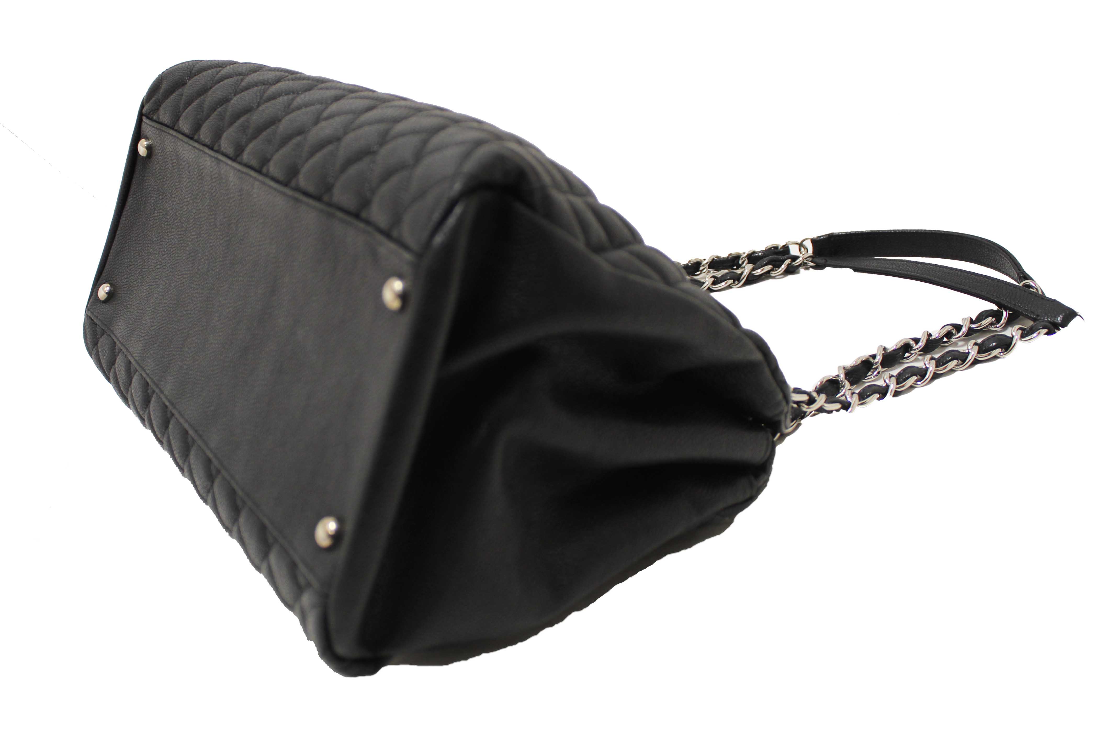 Authentic Chanel Black Quilted Caviar Leather Large Just Mademoiselle Bowling Bag