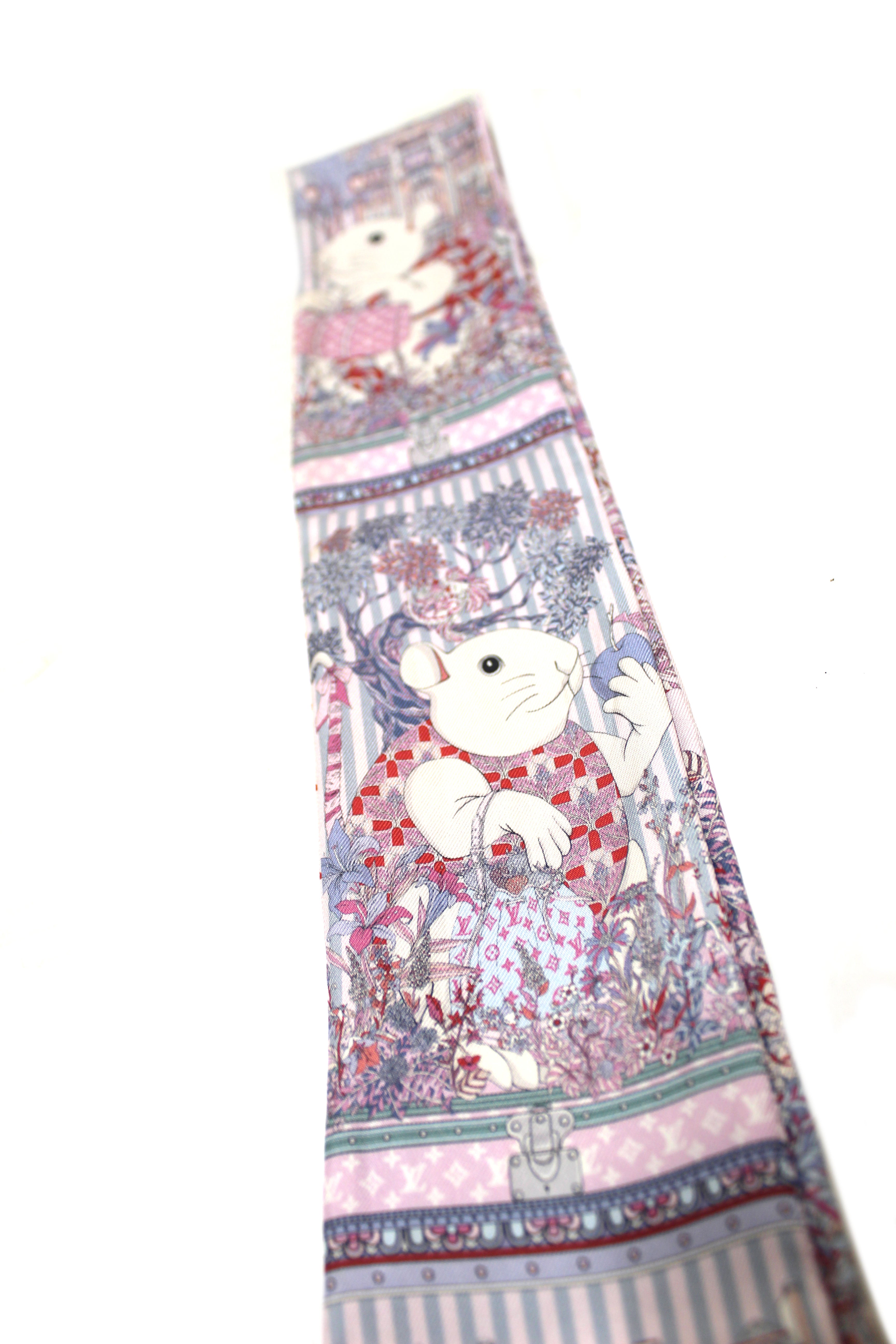 Authentic Louis Vuitton Pink White Mouse Printed Vuittonite Bandeau Twilly Scarf