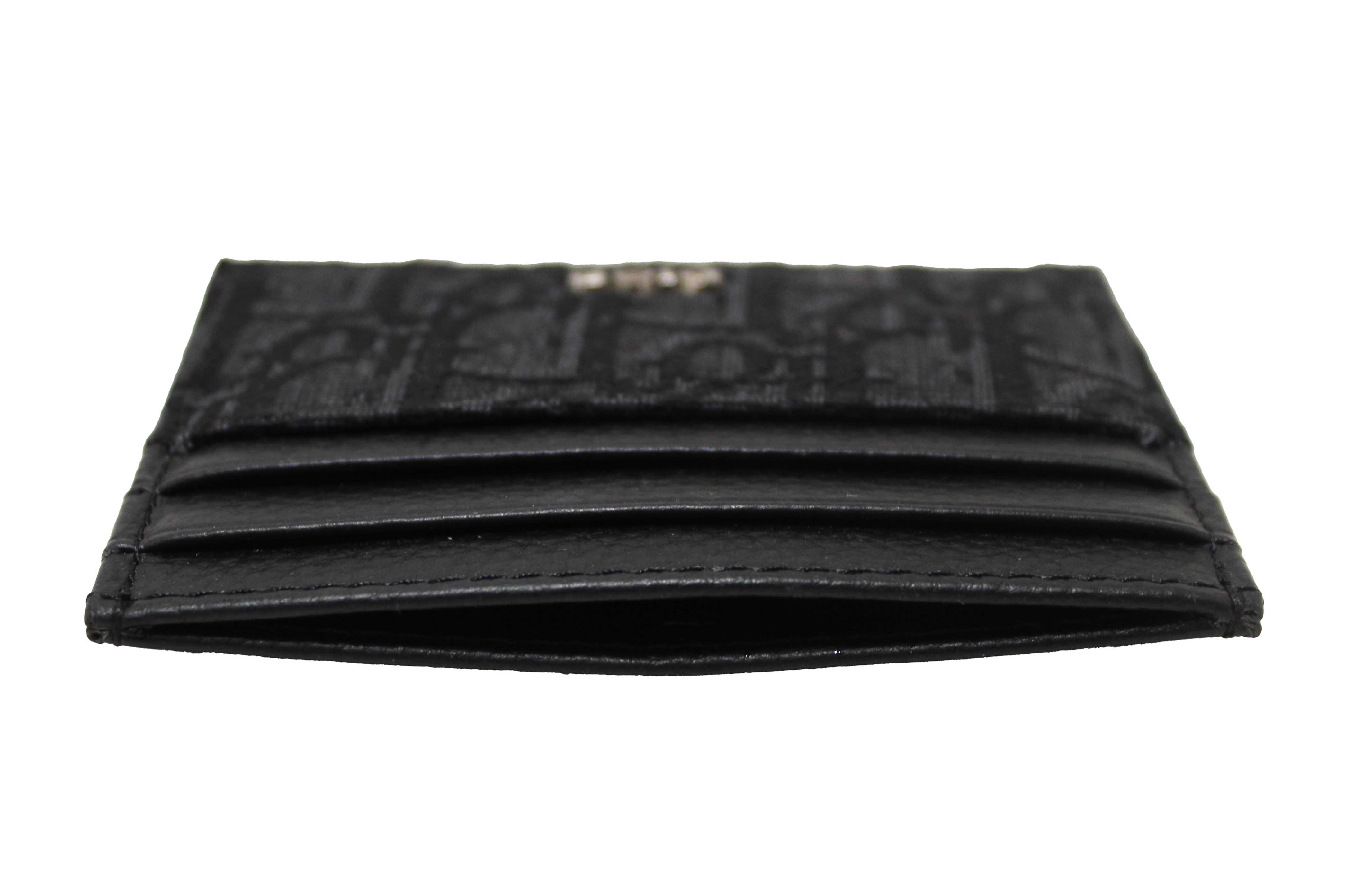Authentic Christian Dior Black Dior Oblique Jacquard and Black Grained Calfskin Card Holder