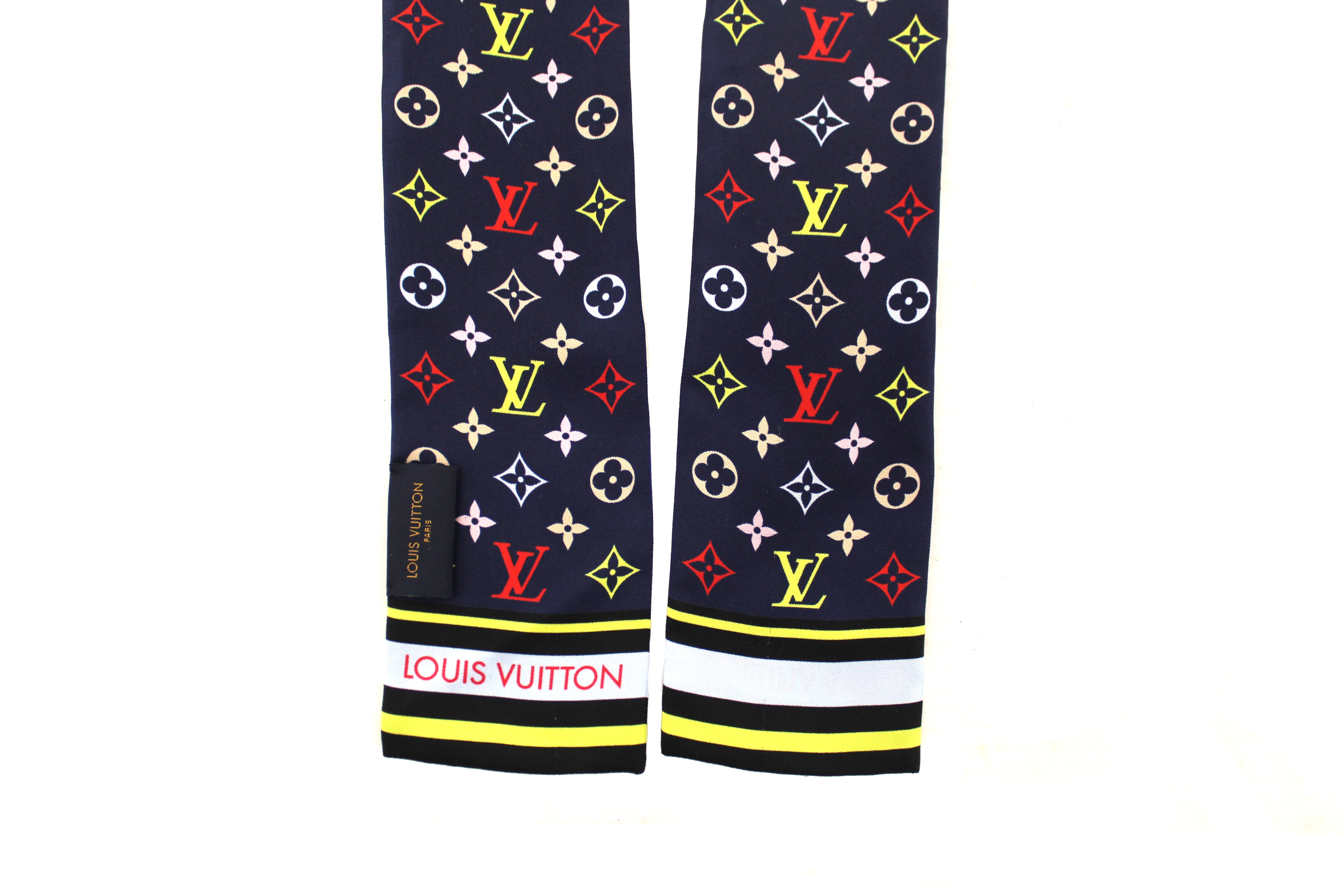 Authentic Louis Vuitton Blue Silk Monogram Skyline Bandeau Scarf