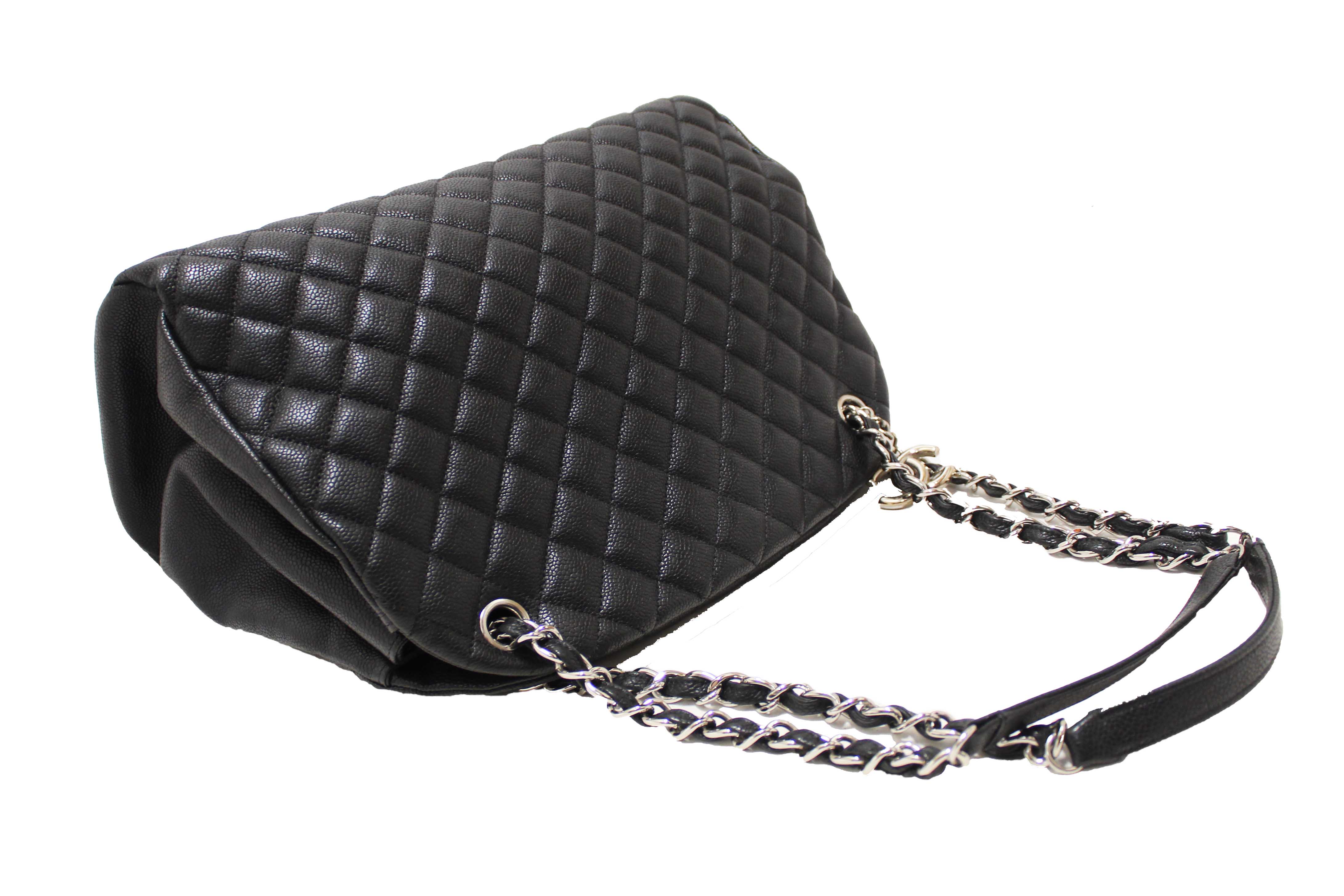 Authentic Chanel Black Quilted Caviar Leather Large Just Mademoiselle Bowling Bag