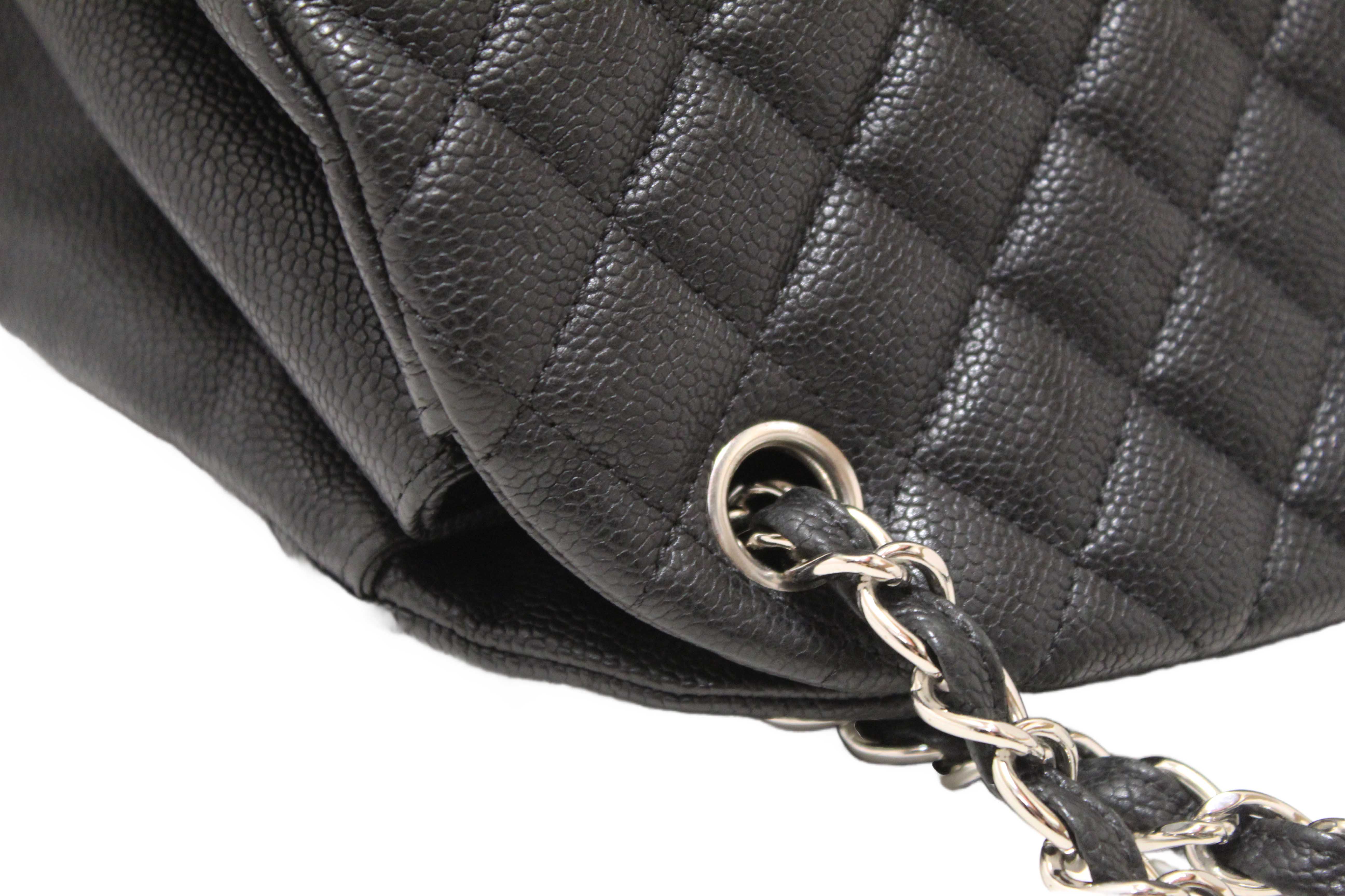Authentic Chanel Black Quilted Caviar Leather Large Just Mademoiselle Bowling Bag