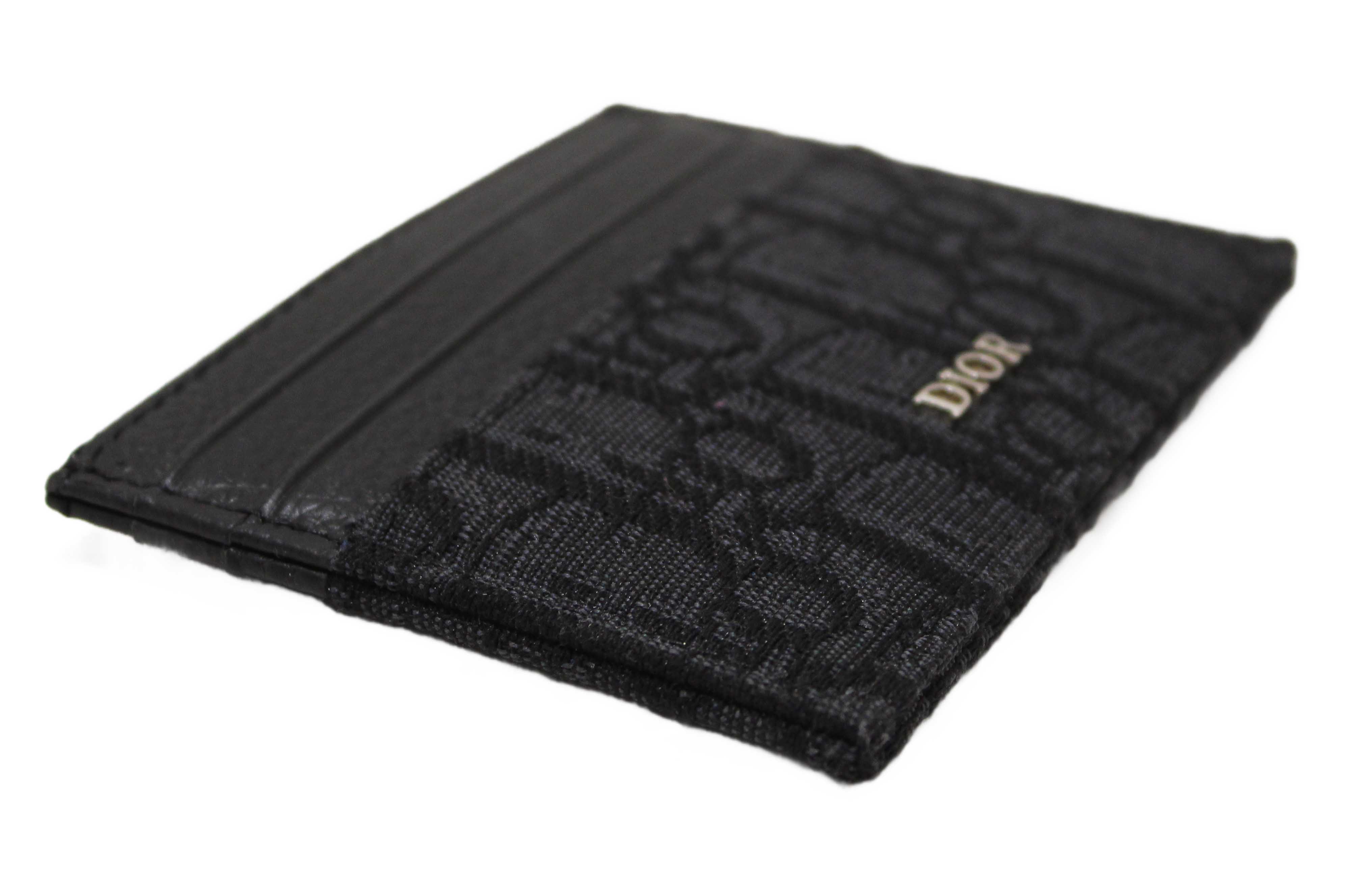 Authentic Christian Dior Black Dior Oblique Jacquard and Black Grained Calfskin Card Holder