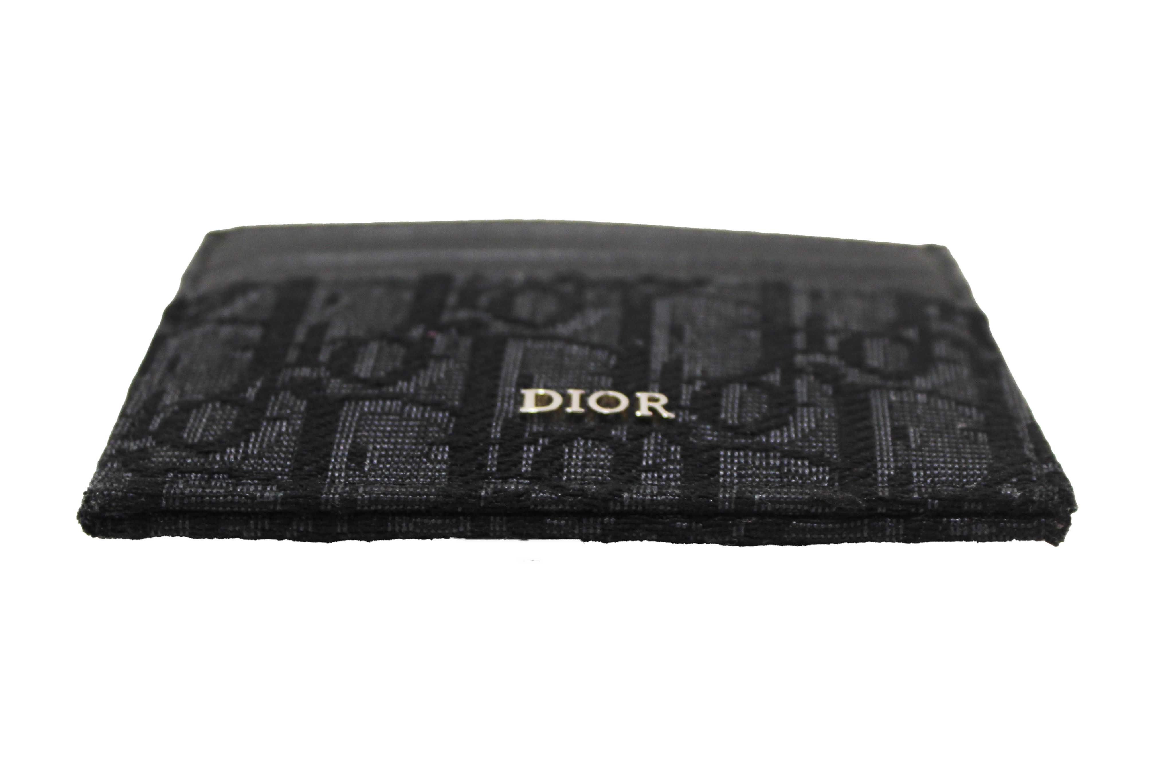 Authentic Christian Dior Black Dior Oblique Jacquard and Black Grained Calfskin Card Holder