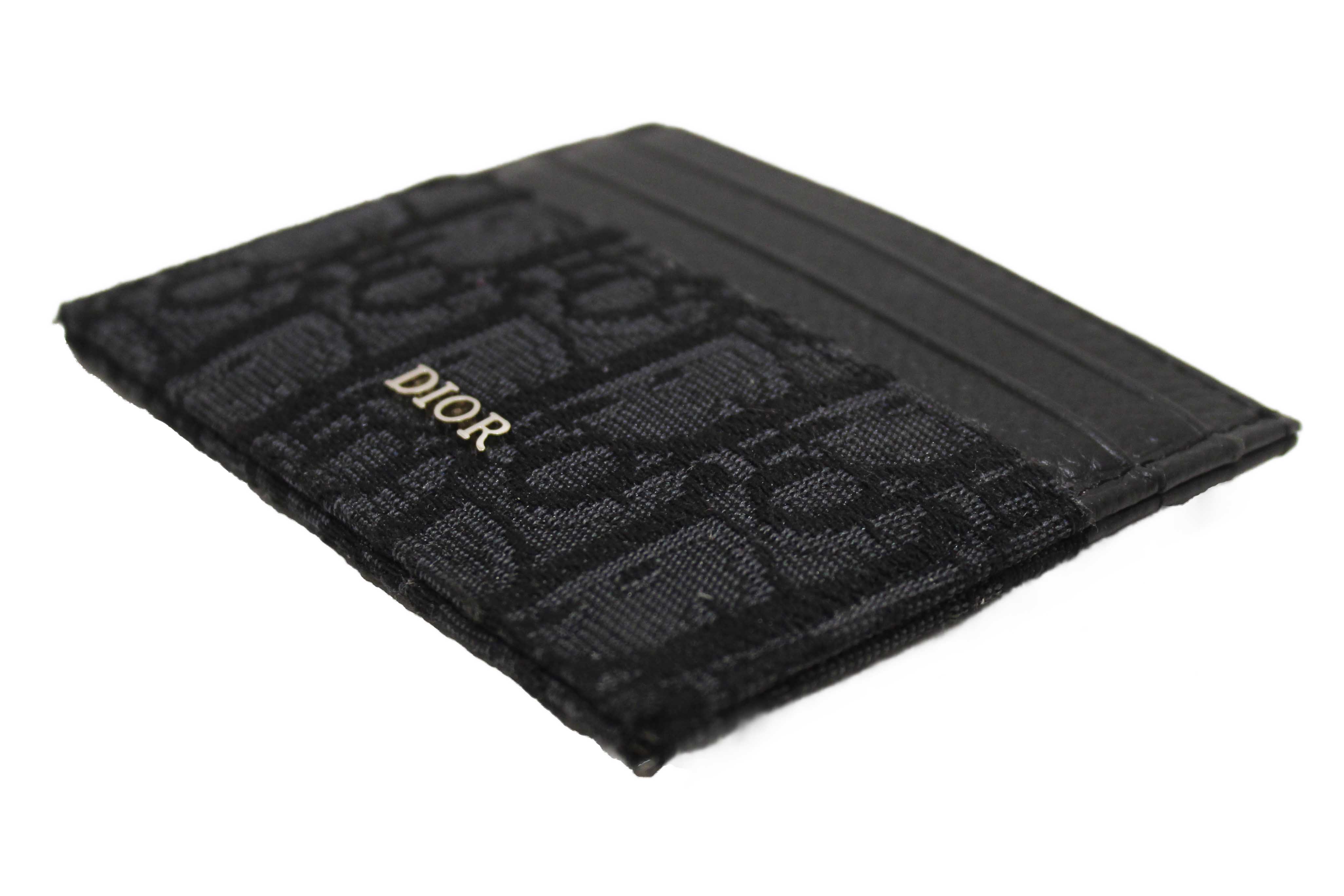 Authentic Christian Dior Black Dior Oblique Jacquard and Black Grained Calfskin Card Holder