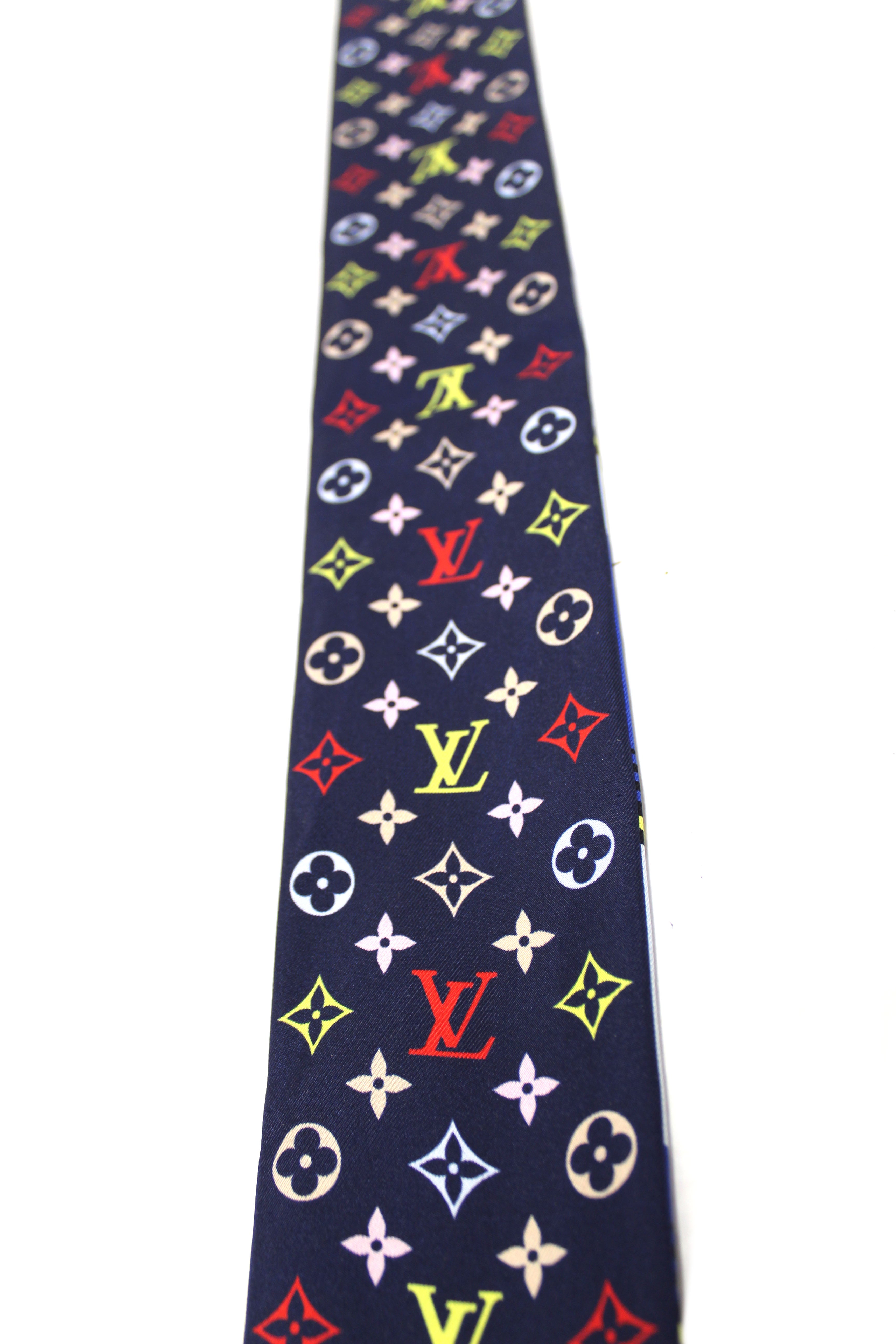 Authentic Louis Vuitton Blue Silk Monogram Skyline Bandeau Scarf