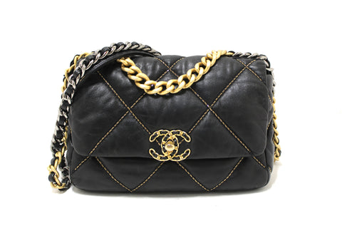 Authentic Limited Edition Chanel 19 Medium Black Quilted Lambskin Leather Shoulder Crossbody Bag