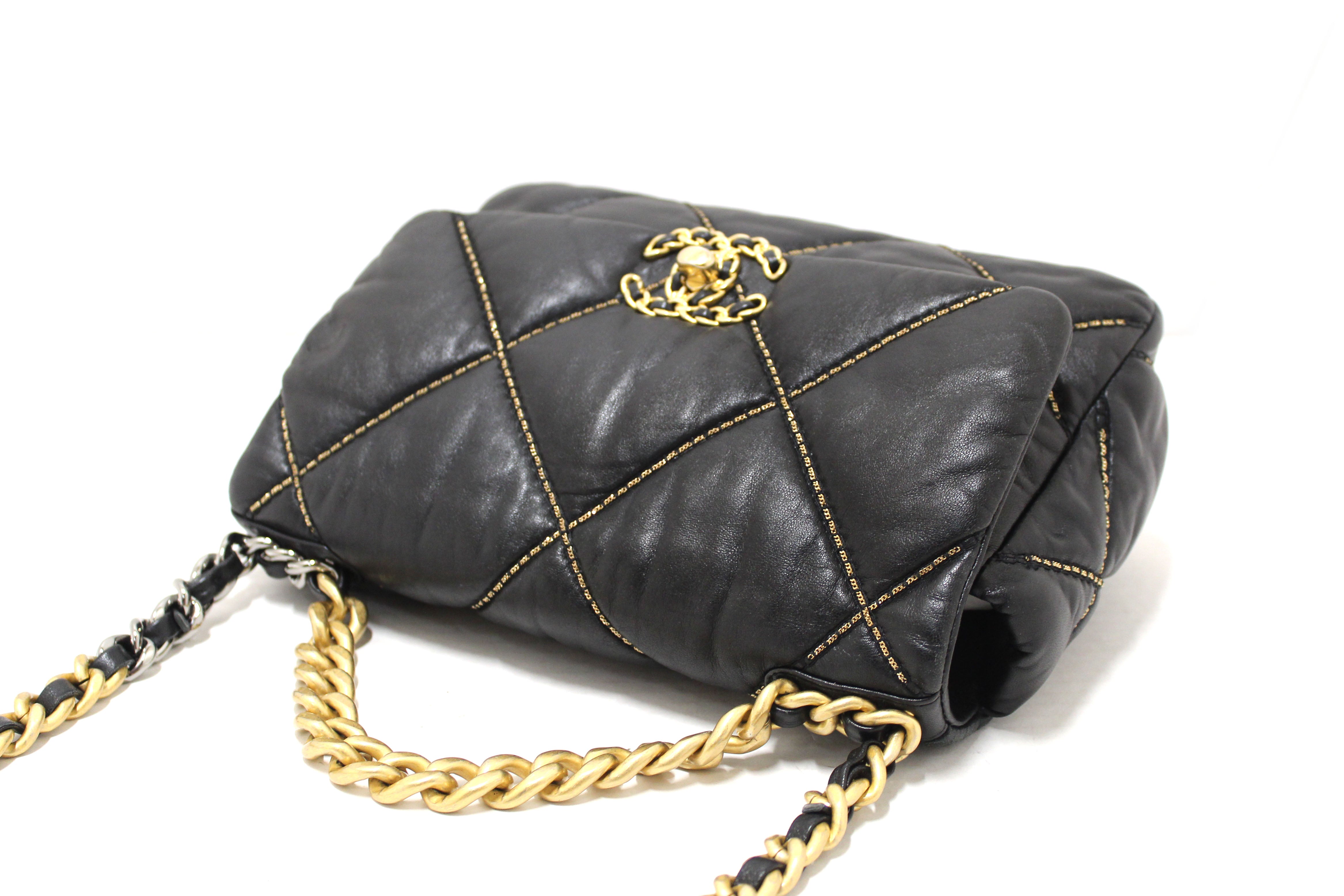 Authentic Limited Edition Chanel 19 Medium Black Quilted Lambskin Leather Shoulder Crossbody Bag