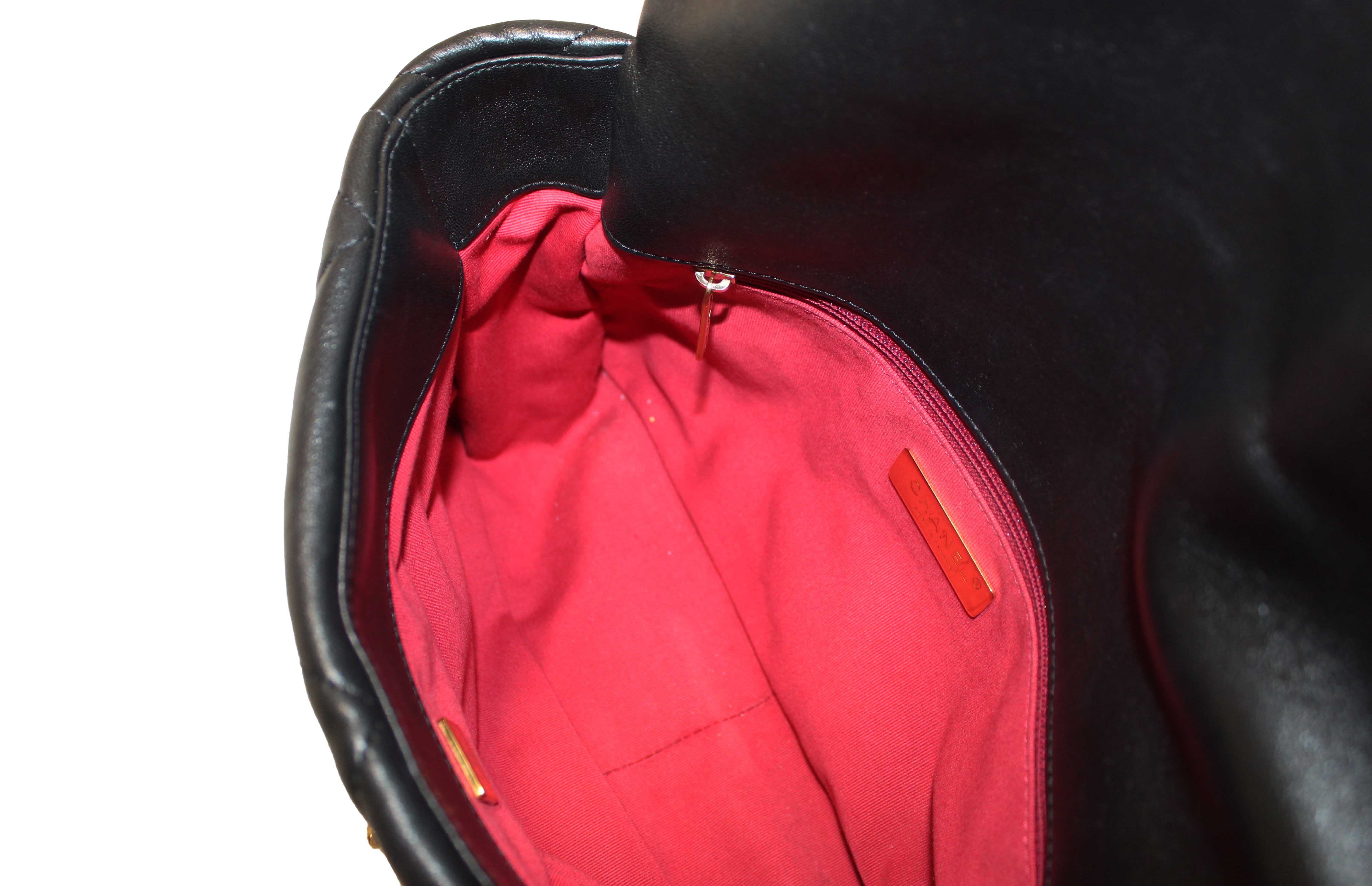 Authentic Chanel 19 Large Black Quilted Lambskin Leather Shoulder Bag