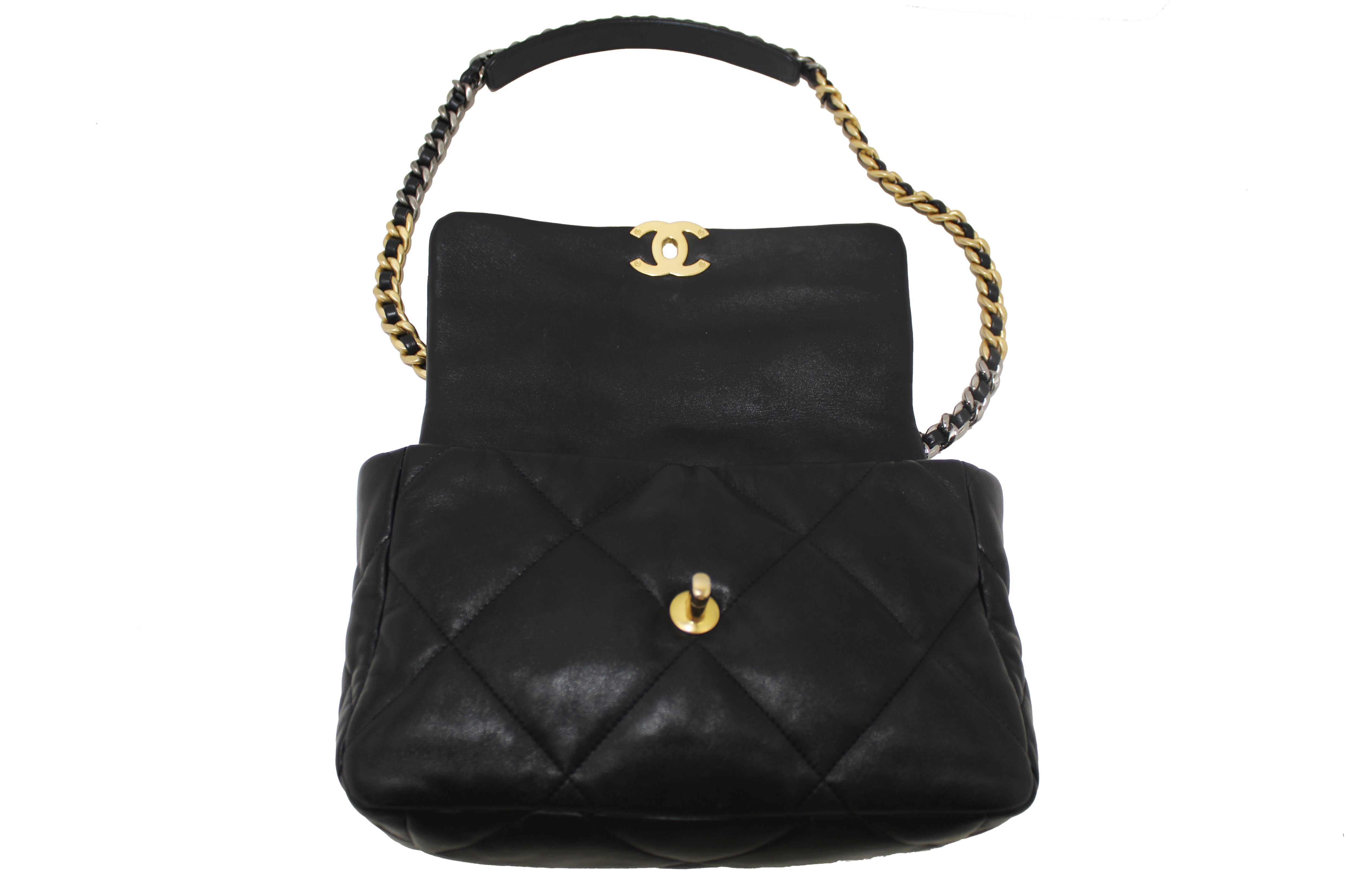 Authentic Chanel 19 Large Black Quilted Lambskin Leather Shoulder Bag