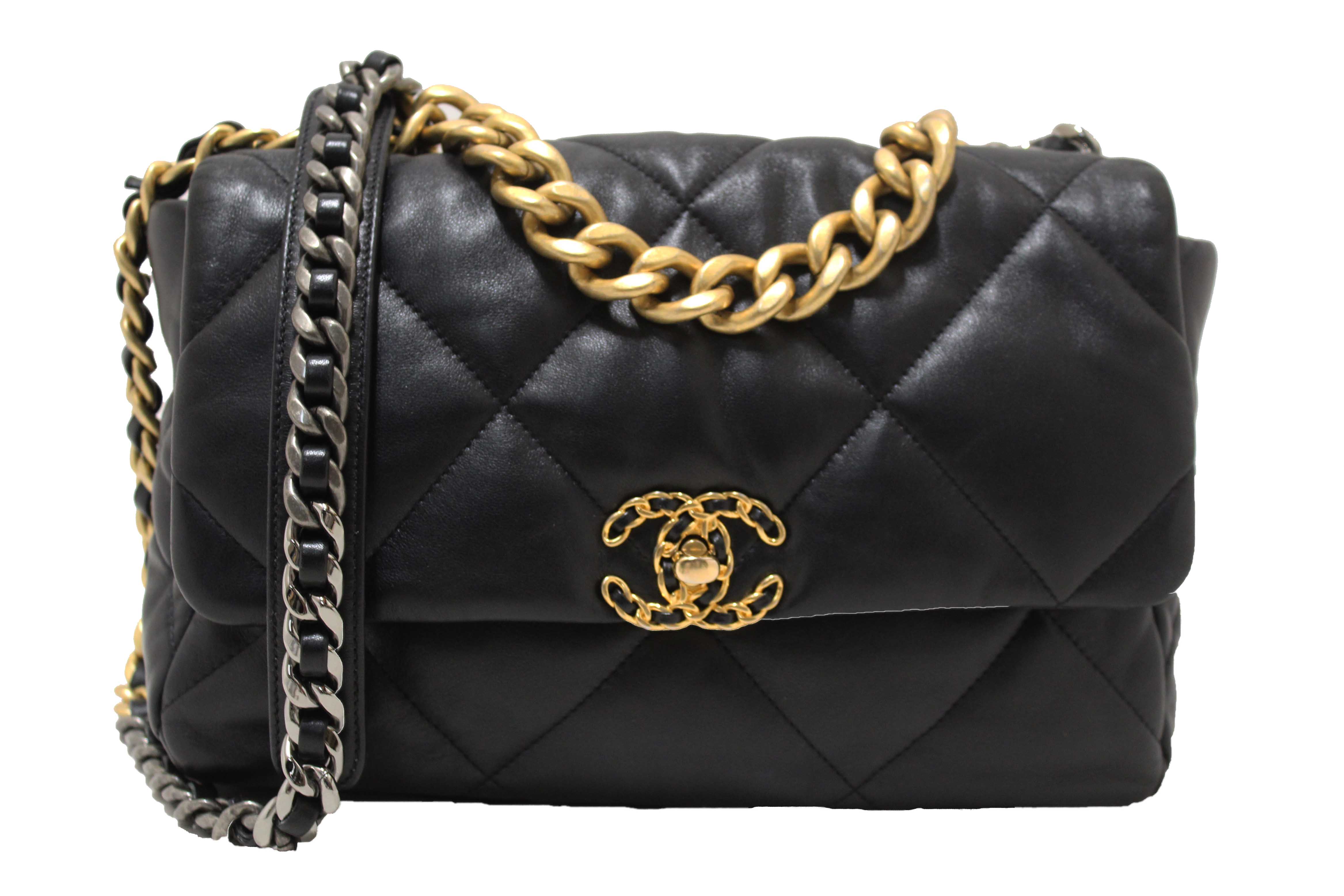 Authentic Chanel 19 Large Black Quilted Lambskin Leather Shoulder Bag