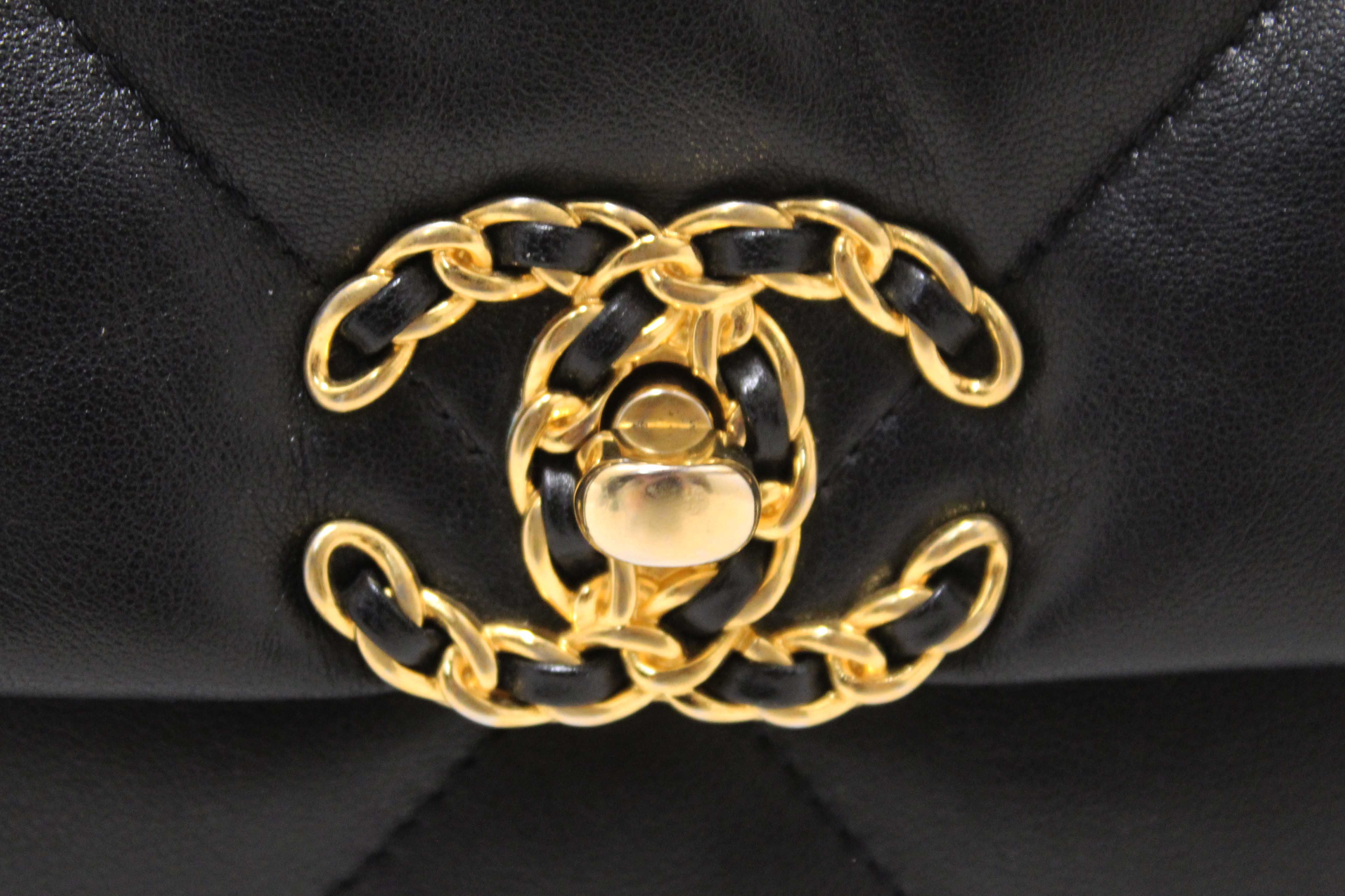 Authentic Chanel 19 Large Black Quilted Lambskin Leather Shoulder Bag