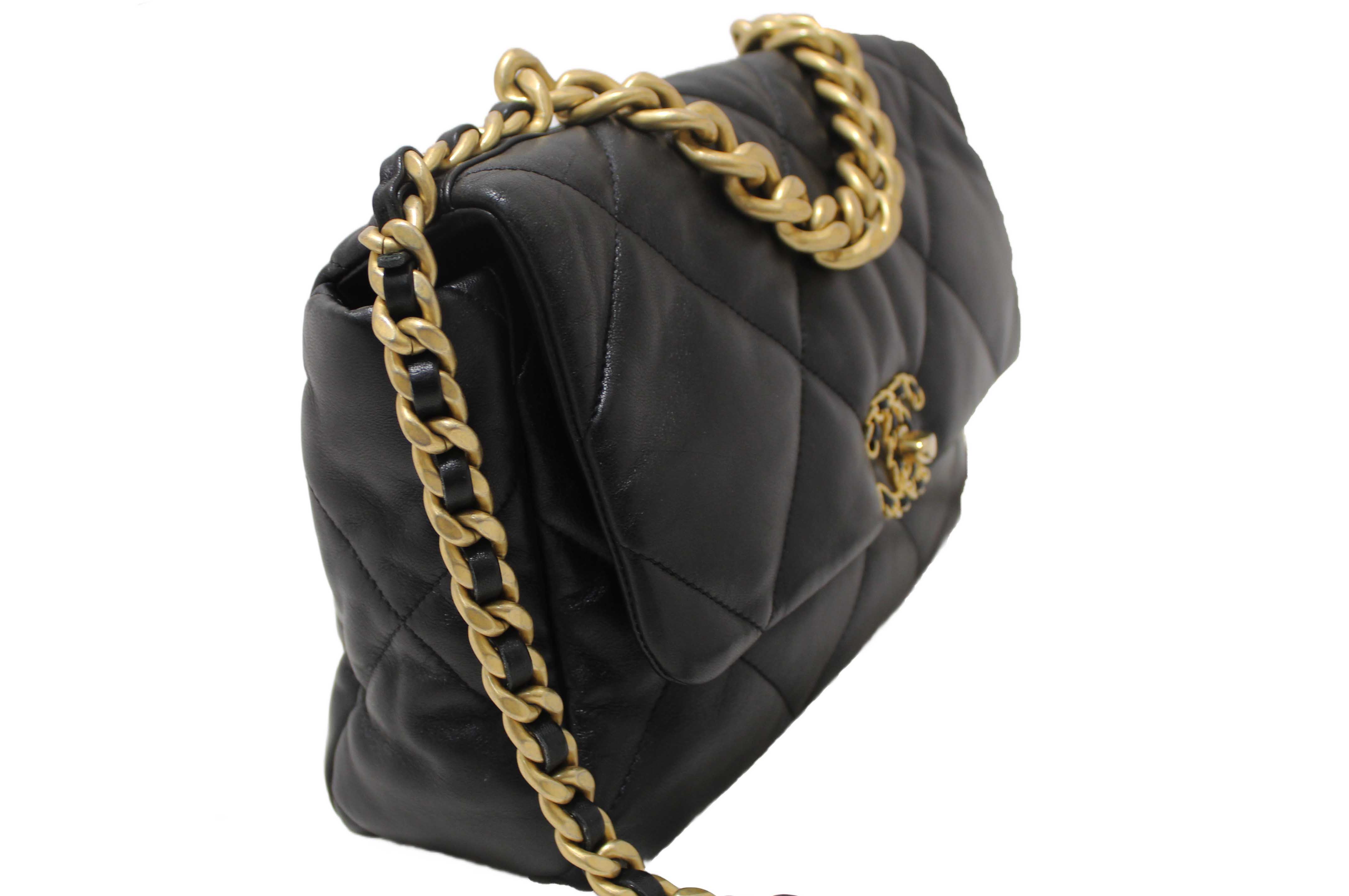 Authentic Chanel 19 Large Black Quilted Lambskin Leather Shoulder Bag