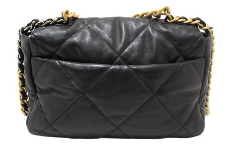 Authentic Chanel 19 Large Black Quilted Lambskin Leather Shoulder Bag