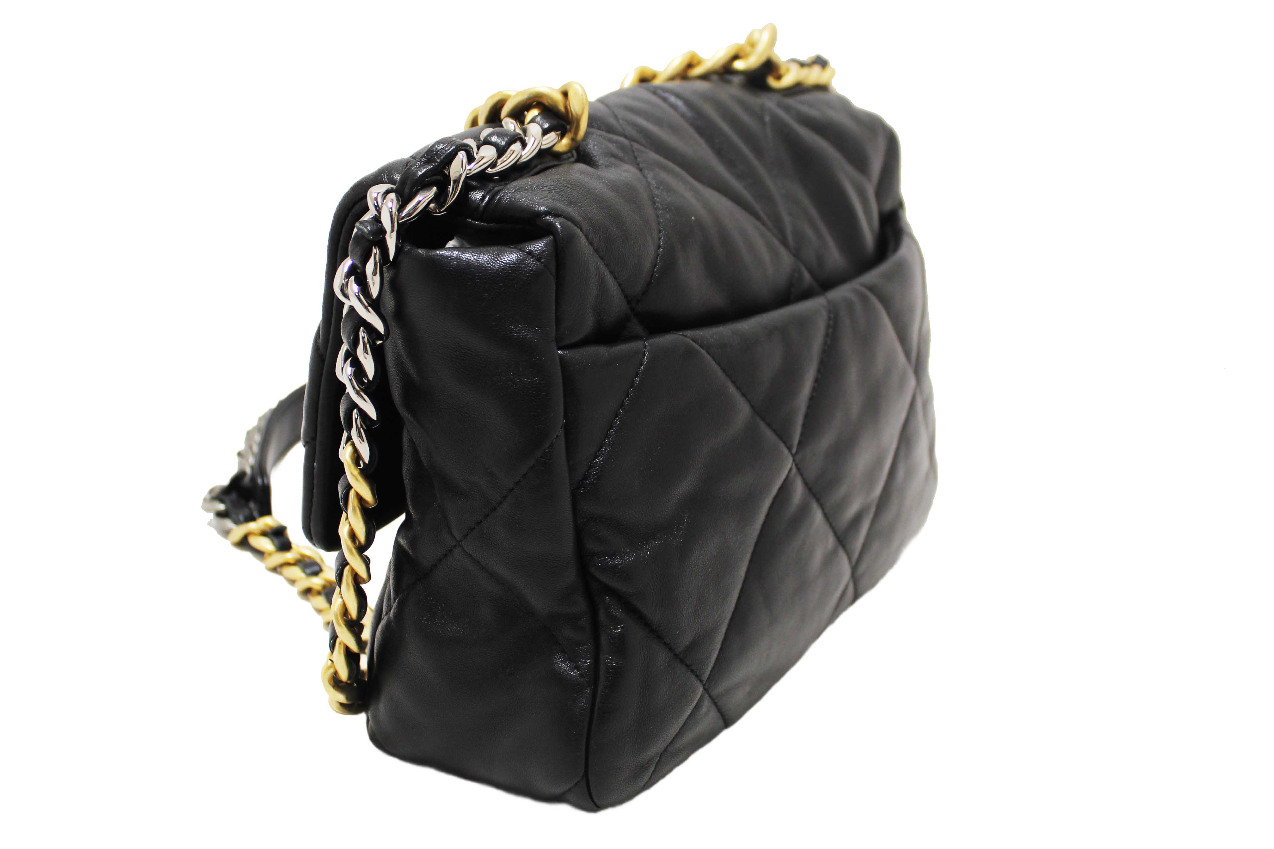 Authentic Chanel 19 Large Black Quilted Lambskin Leather Shoulder Bag