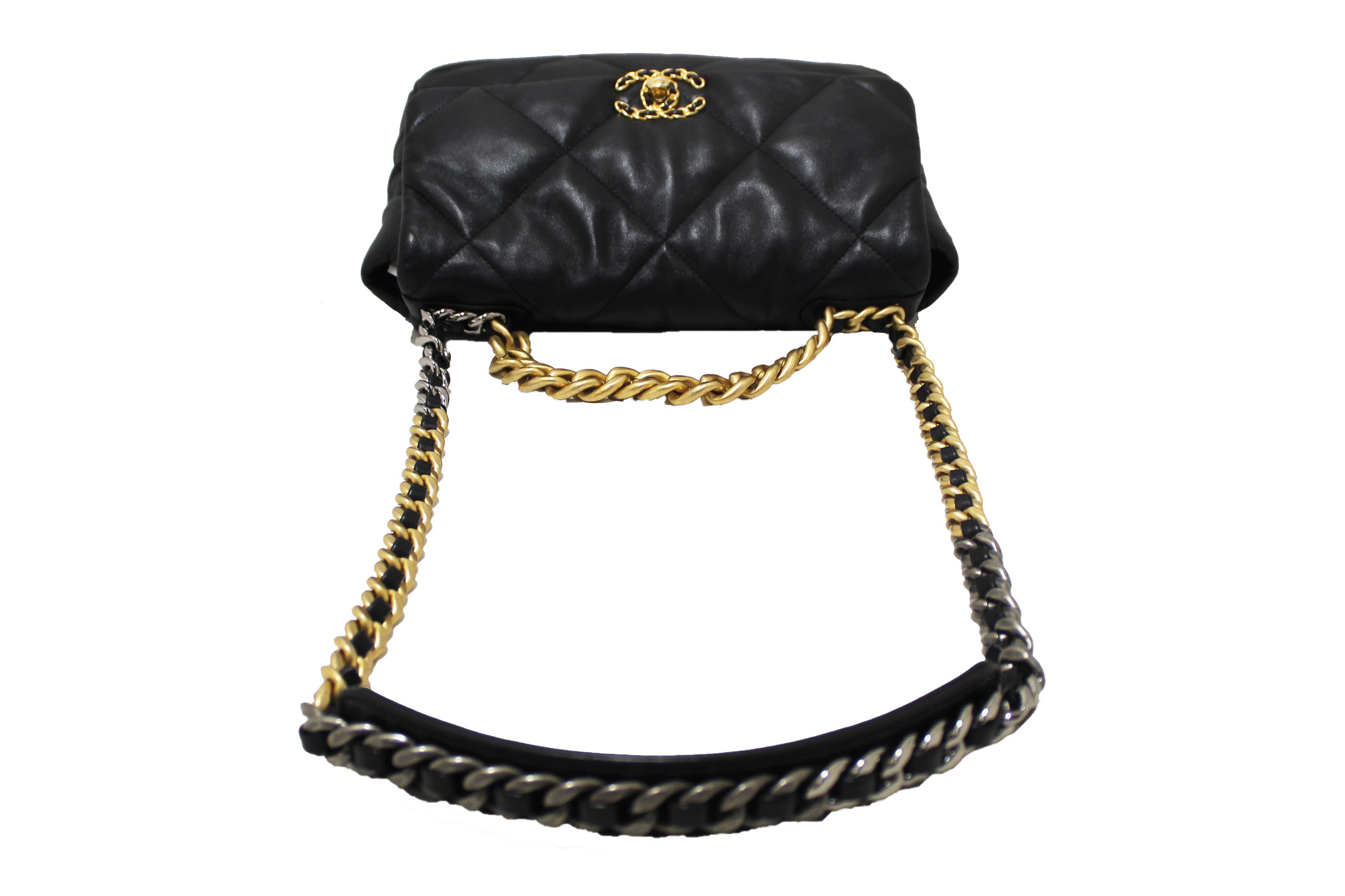 Authentic Chanel 19 Large Black Quilted Lambskin Leather Shoulder Bag