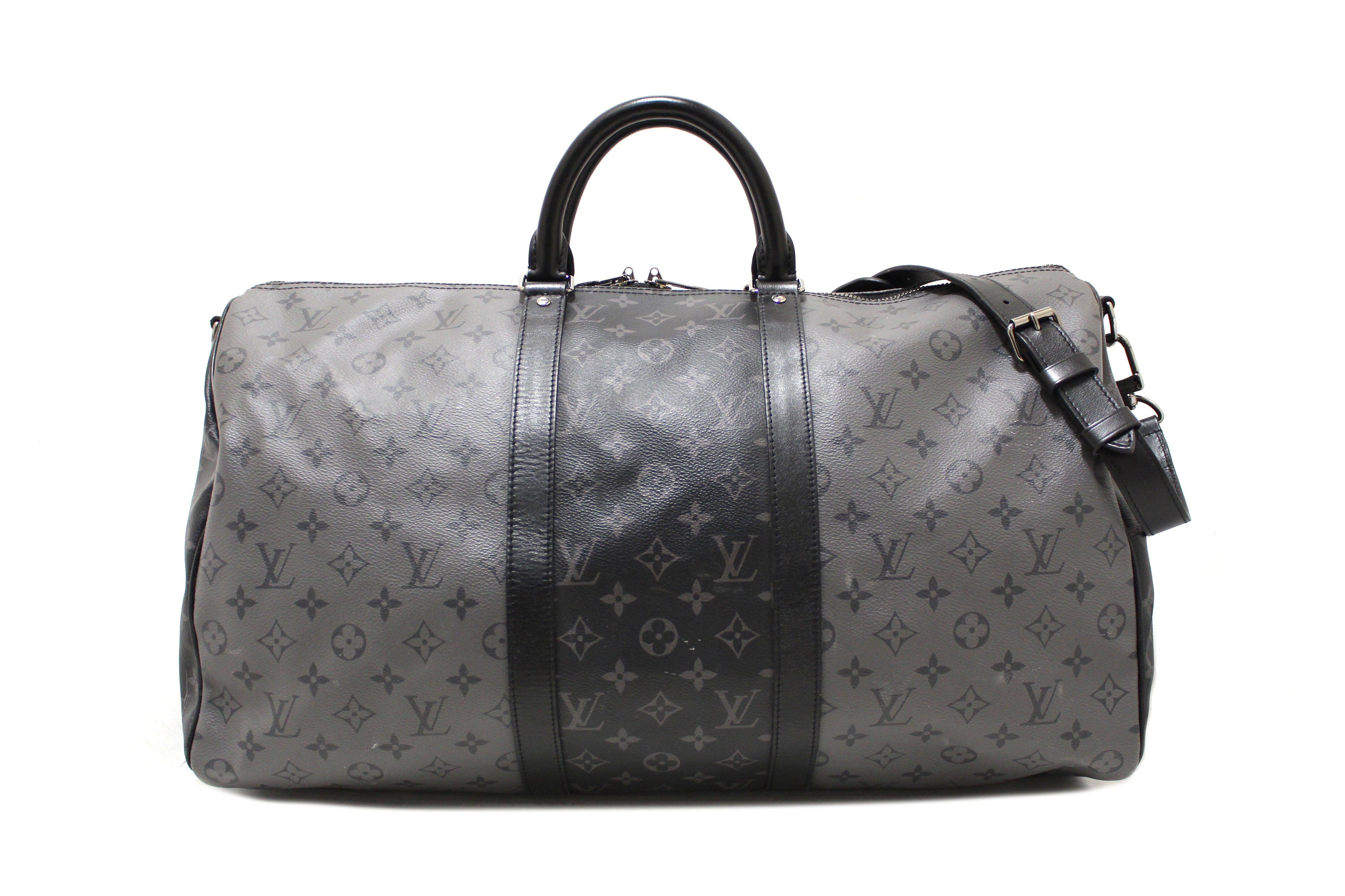 Authentic Louis Vuitton Monogram Eclipse/Monogram Eclipse Reverse Keepall Bandoulière 50 Travel Bag