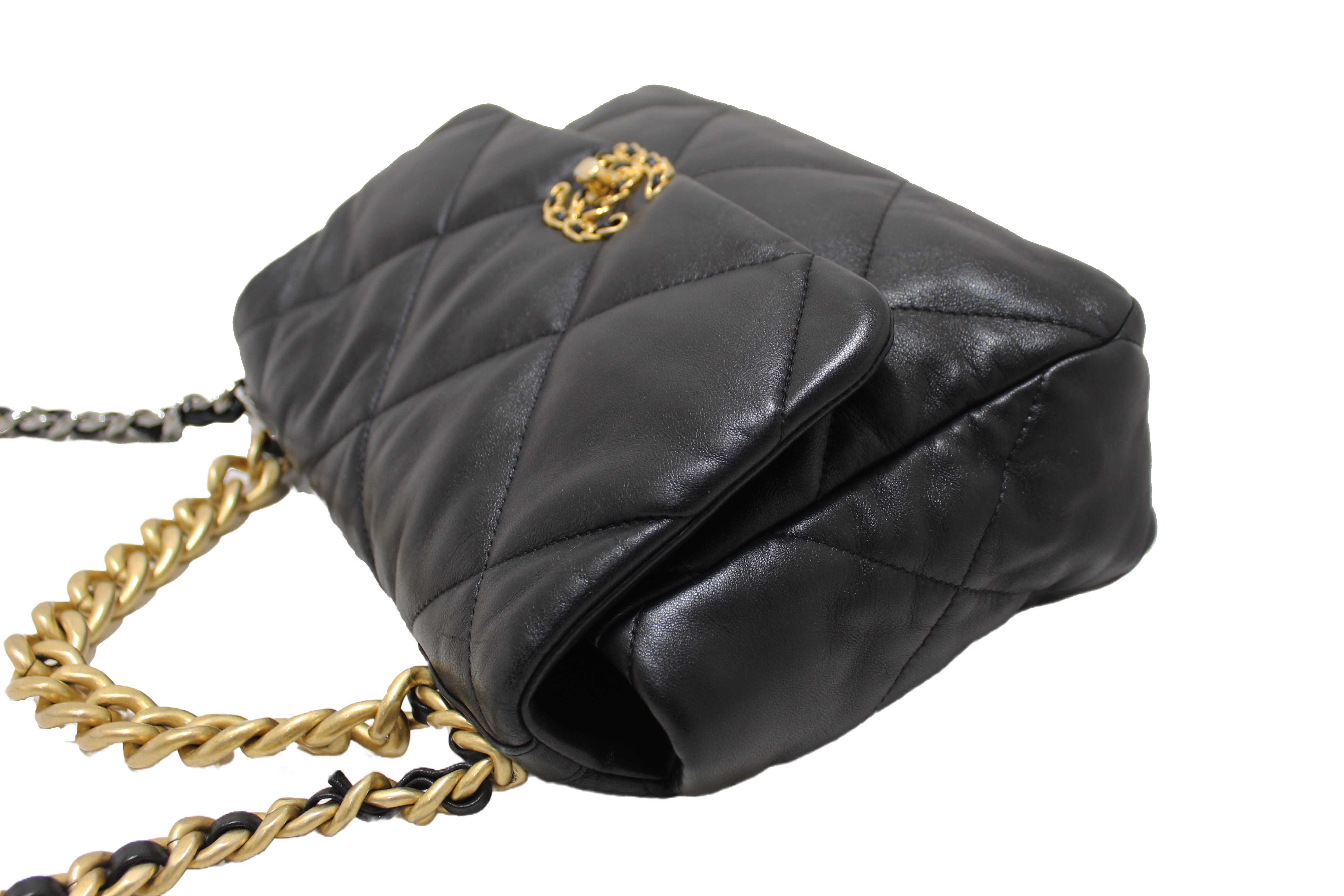 Authentic Chanel 19 Large Black Quilted Lambskin Leather Shoulder Bag