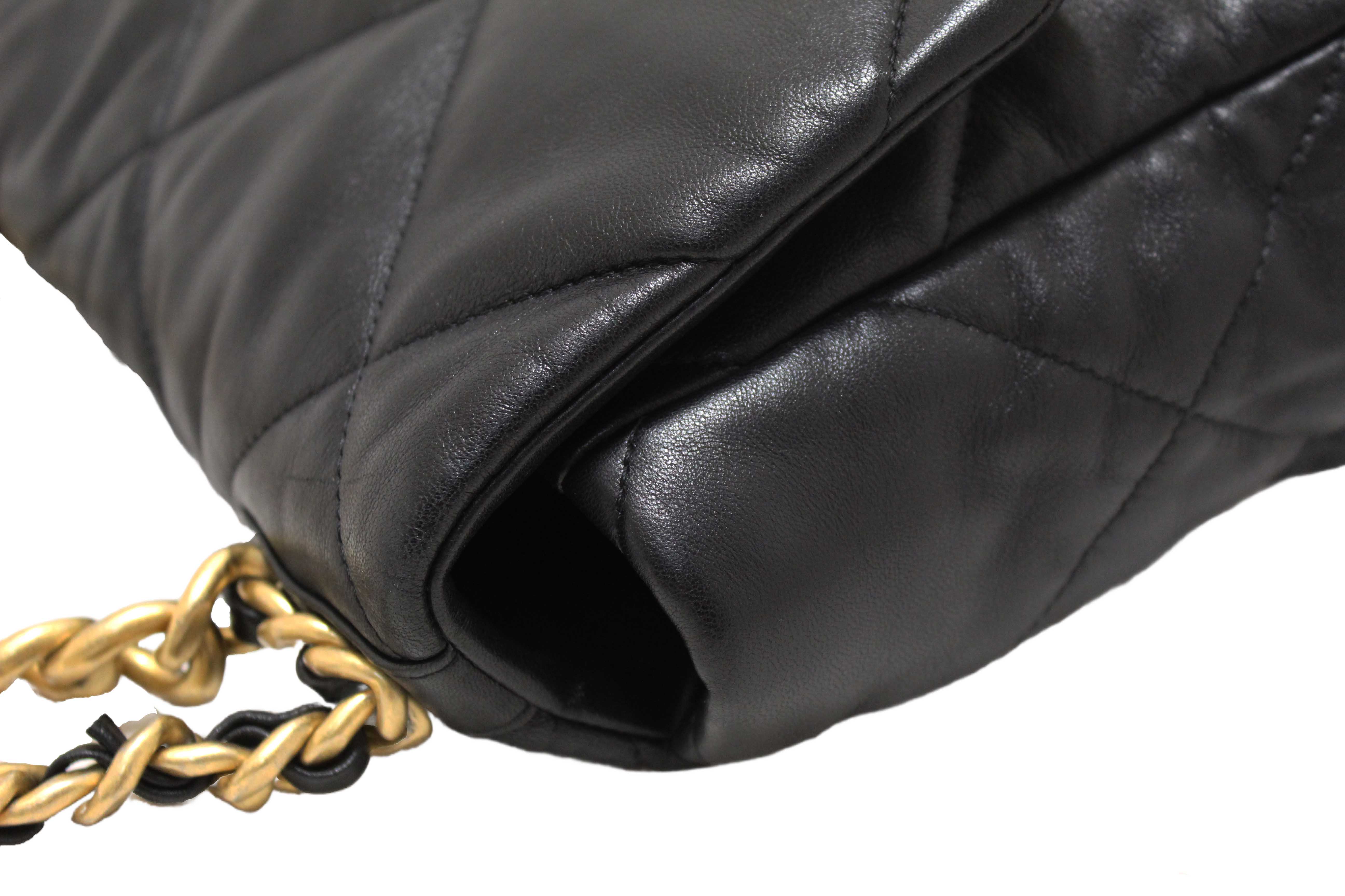Authentic Chanel 19 Large Black Quilted Lambskin Leather Shoulder Bag