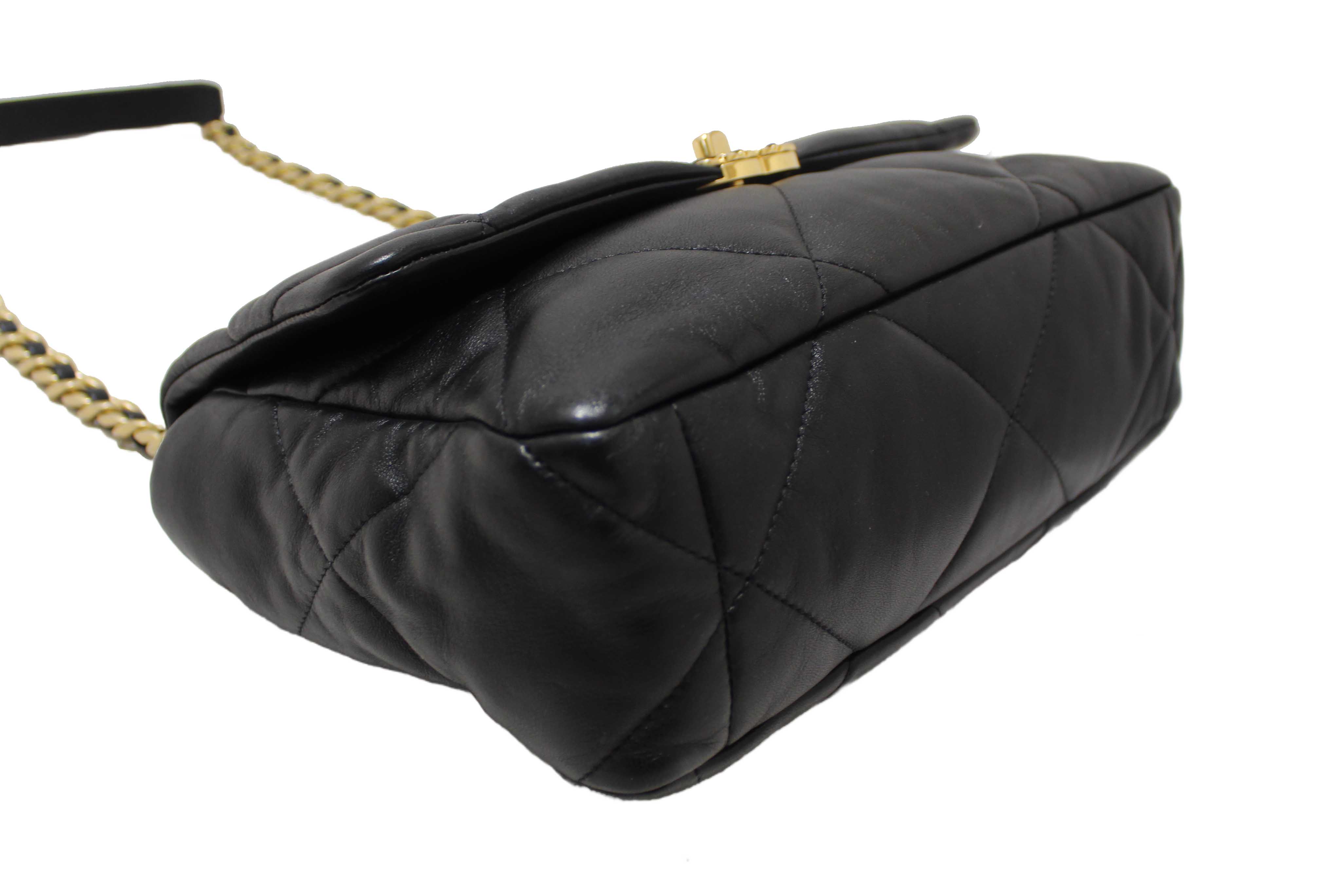 Authentic Chanel 19 Large Black Quilted Lambskin Leather Shoulder Bag
