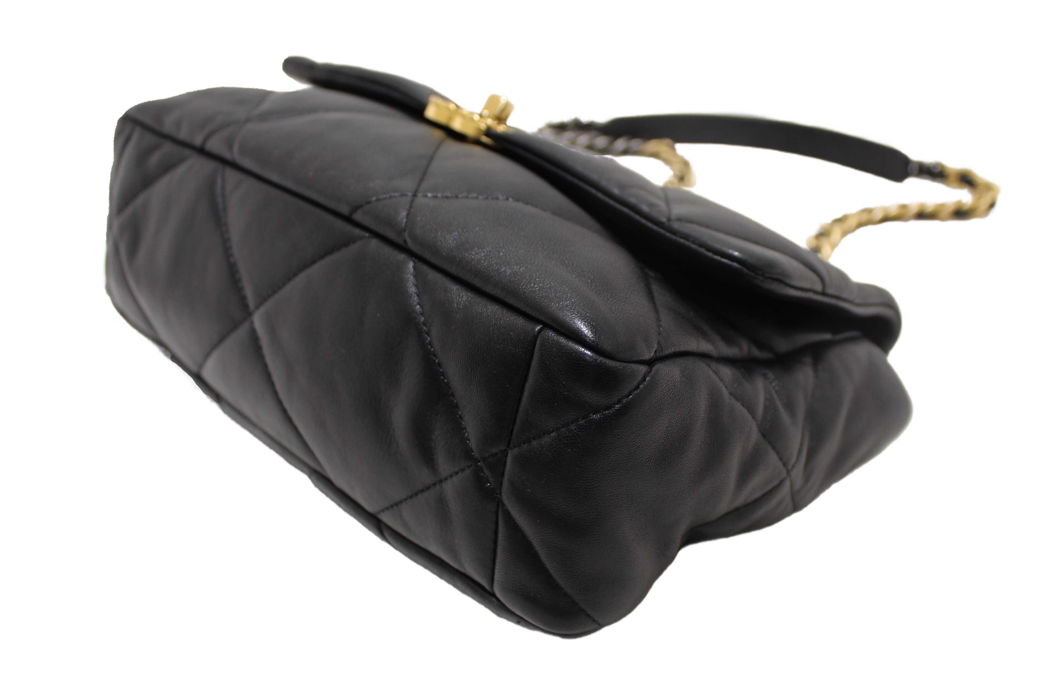 Authentic Chanel 19 Large Black Quilted Lambskin Leather Shoulder Bag