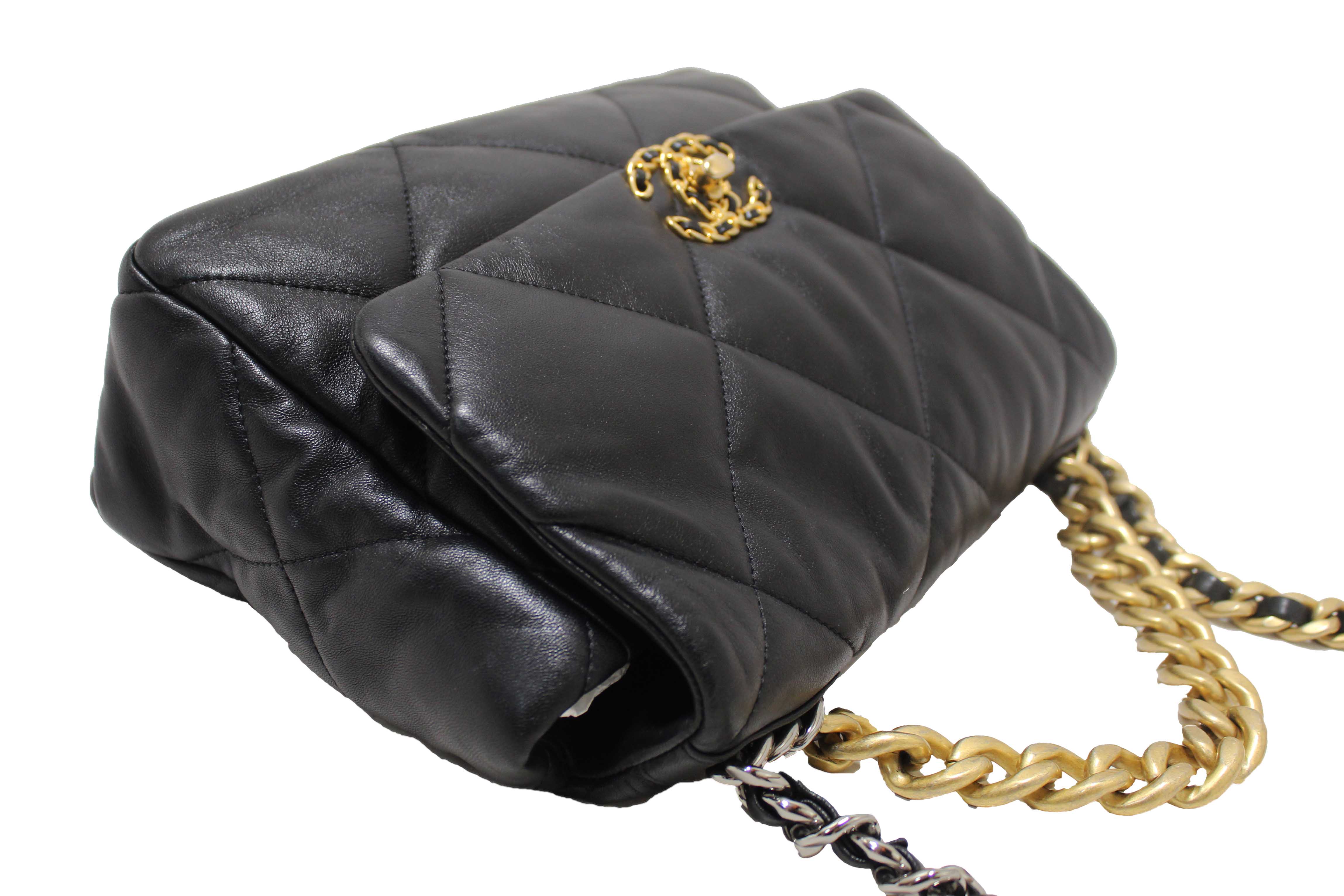 Authentic Chanel 19 Large Black Quilted Lambskin Leather Shoulder Bag