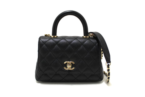 Authentic Chanel Black Quilted Caviar Leather Mini Coco Handle Flap Bag