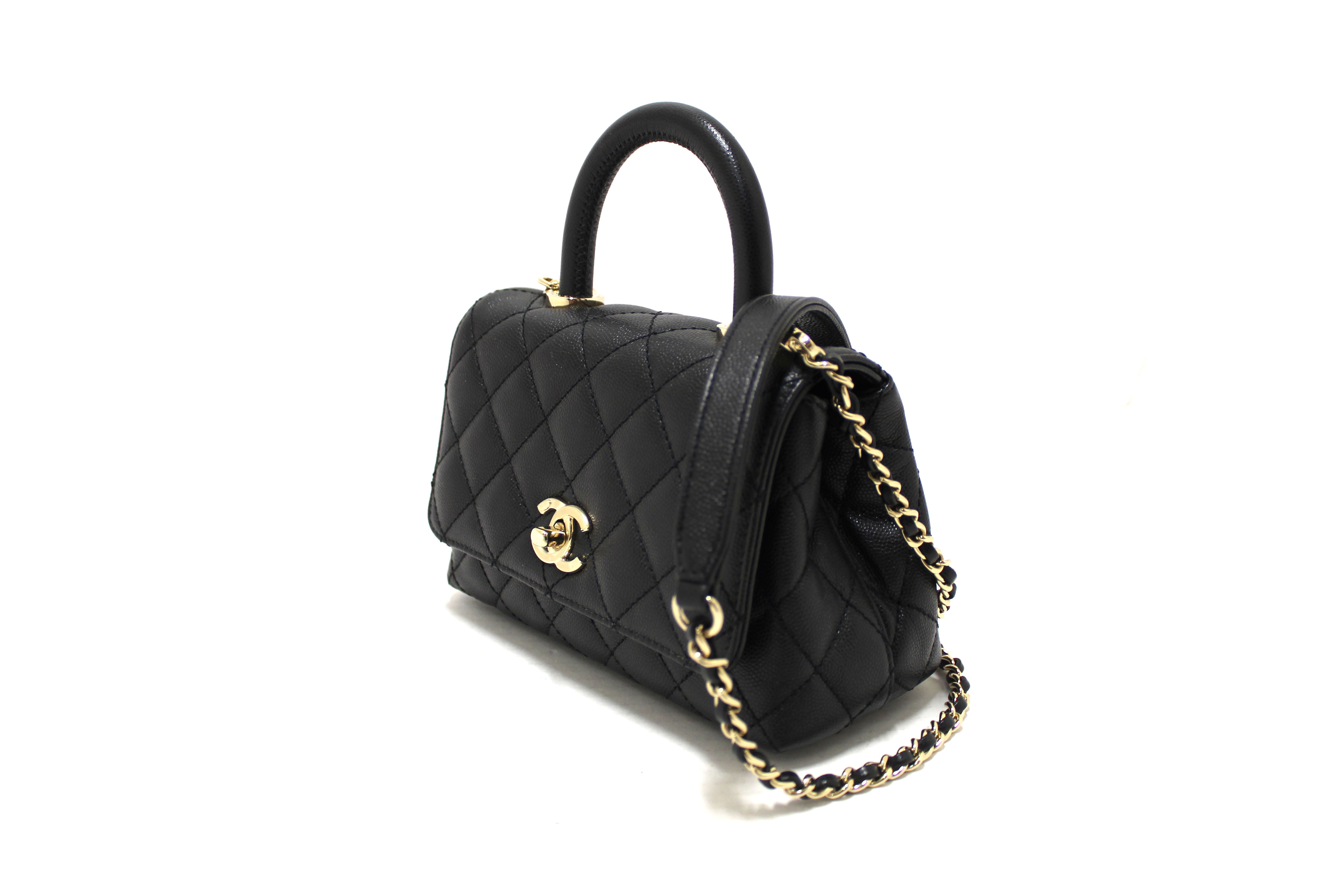 Authentic Chanel Black Quilted Caviar Leather Mini Coco Handle Flap Bag