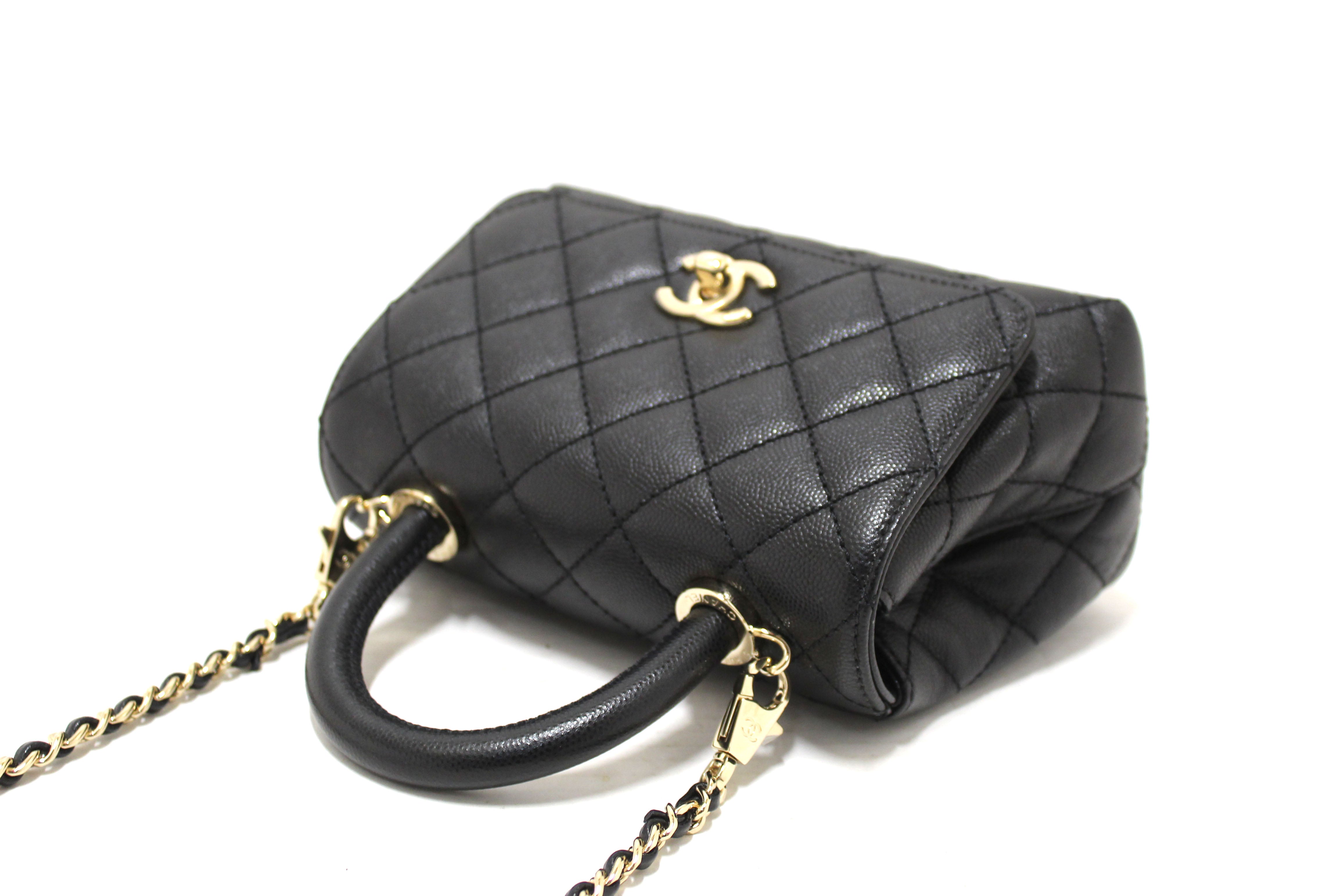 Authentic Chanel Black Quilted Caviar Leather Mini Coco Handle Flap Bag