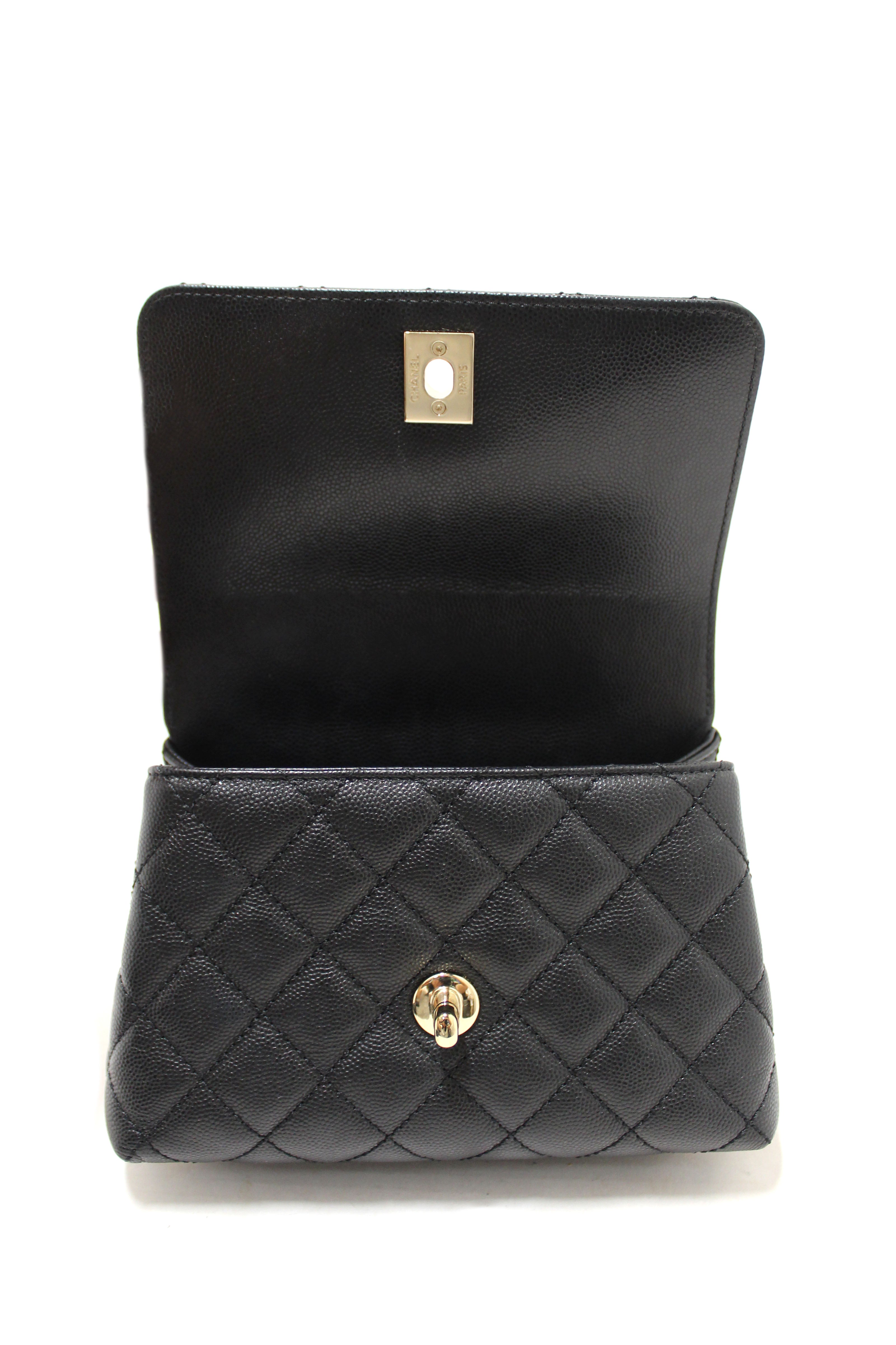 Authentic Chanel Black Quilted Caviar Leather Mini Coco Handle Flap Bag