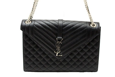 Authentic Saint Laurent Black Matelasse Grain De Poudre Embossed Leather Medium Envelope Bag