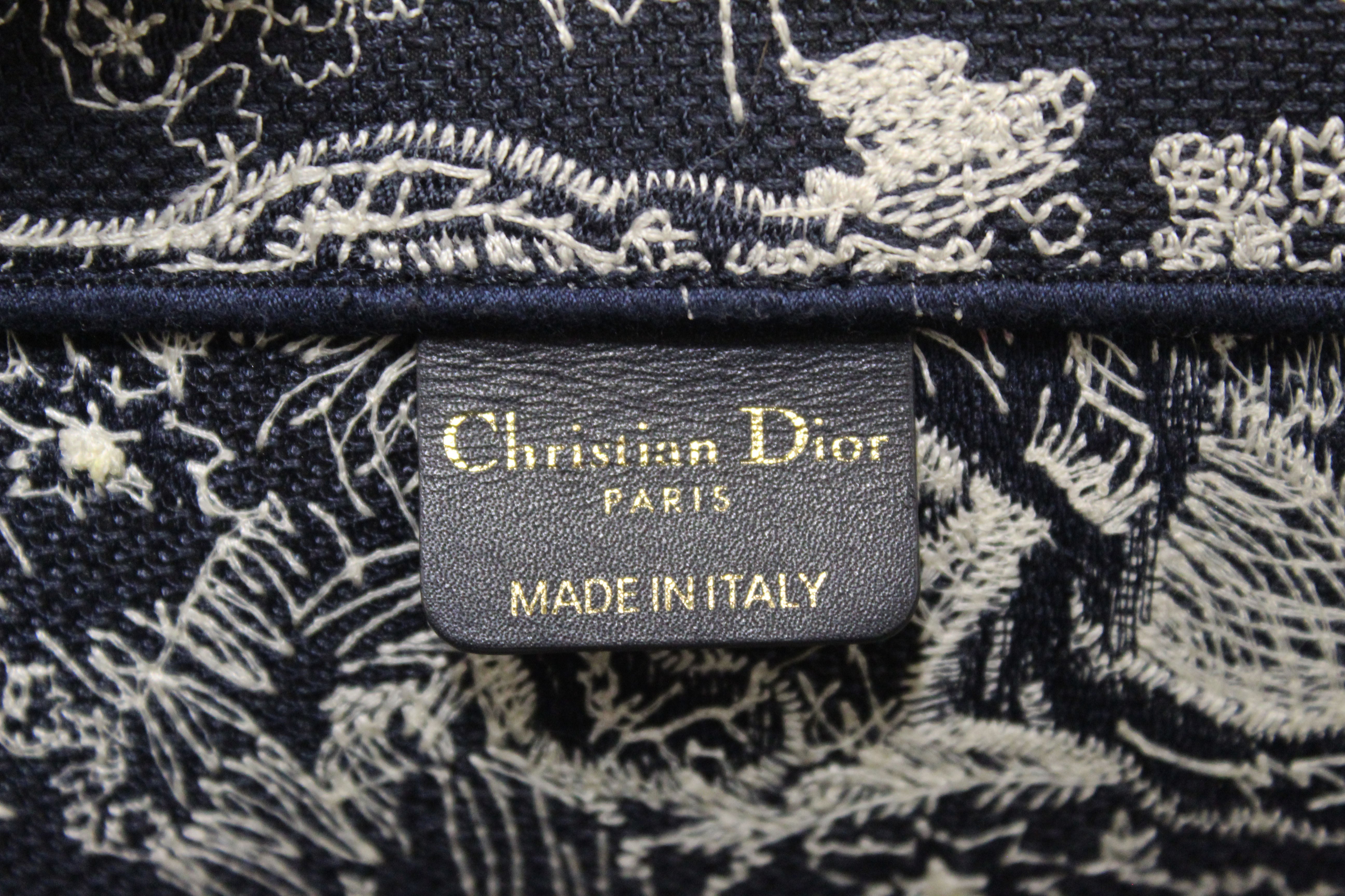 Authentic Christian Dior Blue and Ecru Toile de Jouy Reverse Embroidery Medium Dior Book Tote