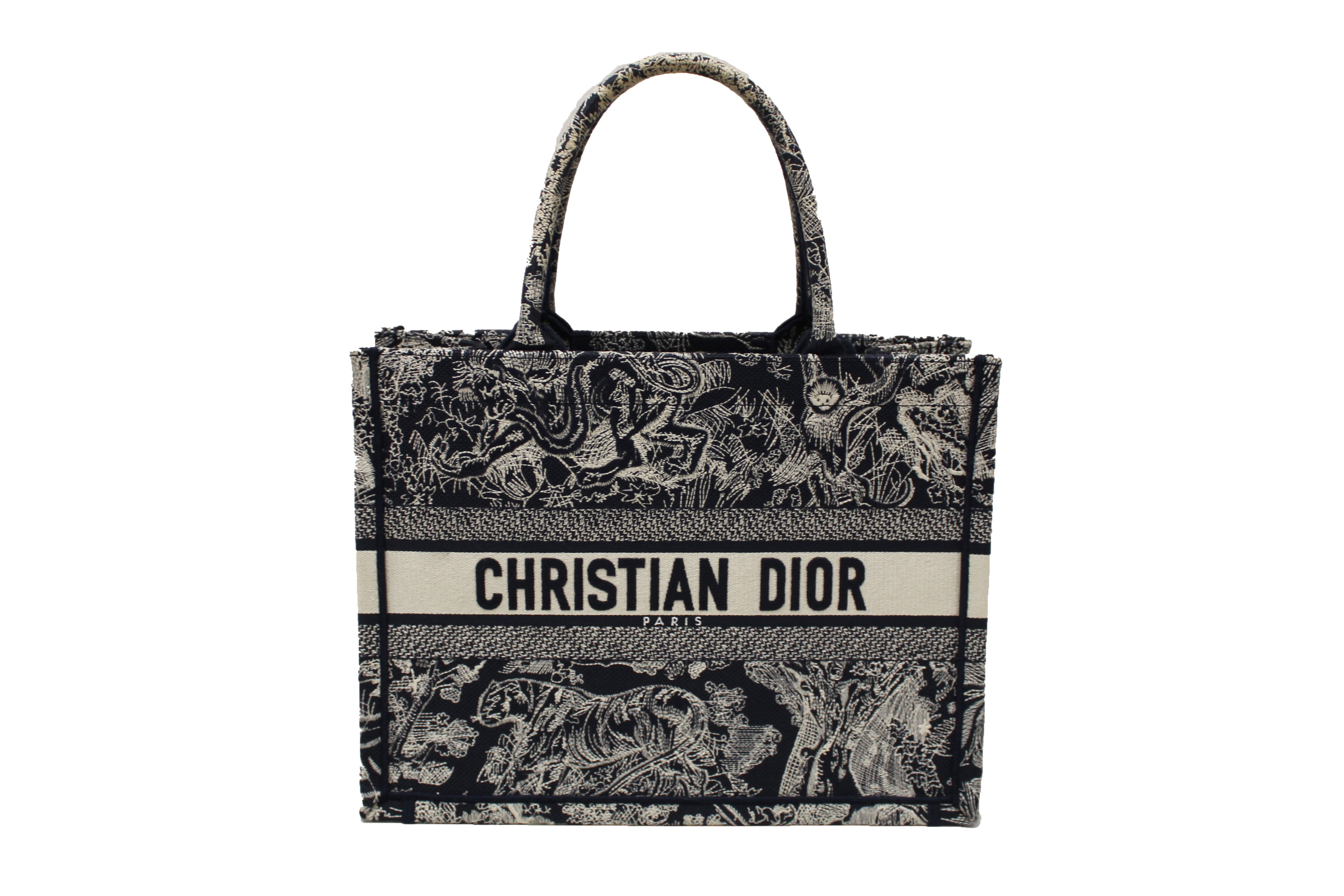 Authentic Christian Dior Blue and Ecru Toile de Jouy Reverse Embroidery Medium Dior Book Tote