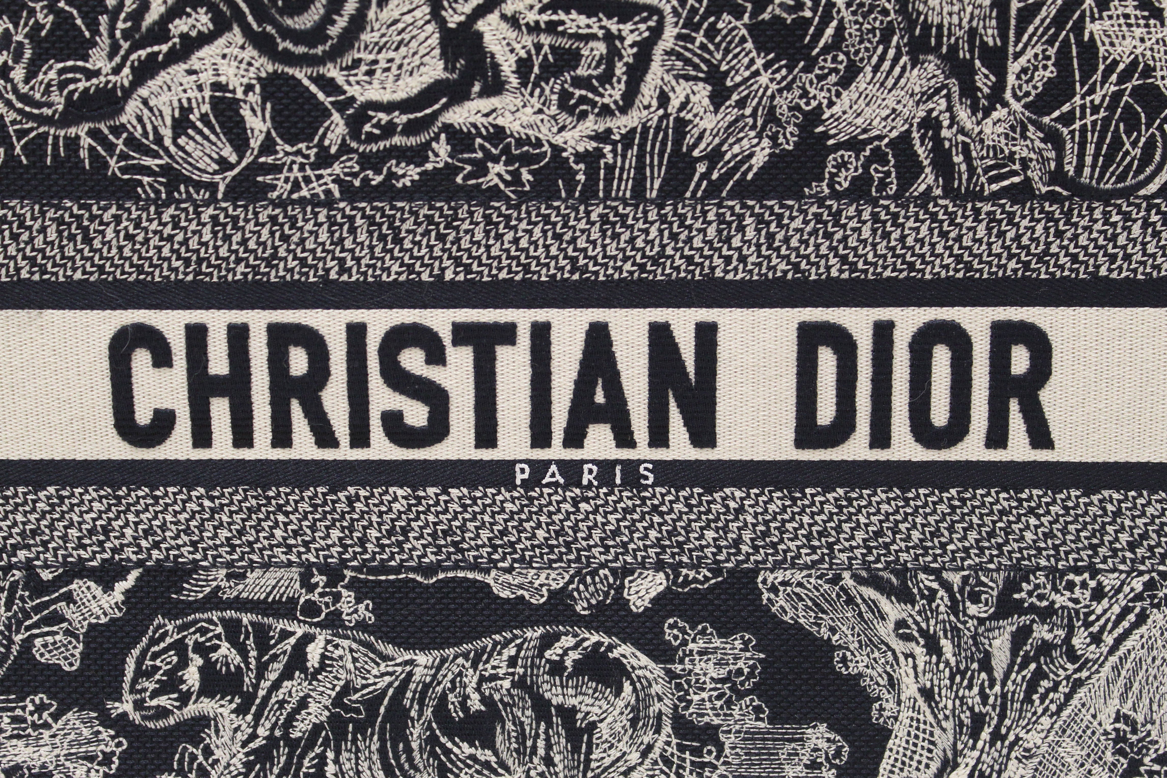 Authentic Christian Dior Blue and Ecru Toile de Jouy Reverse Embroidery Medium Dior Book Tote